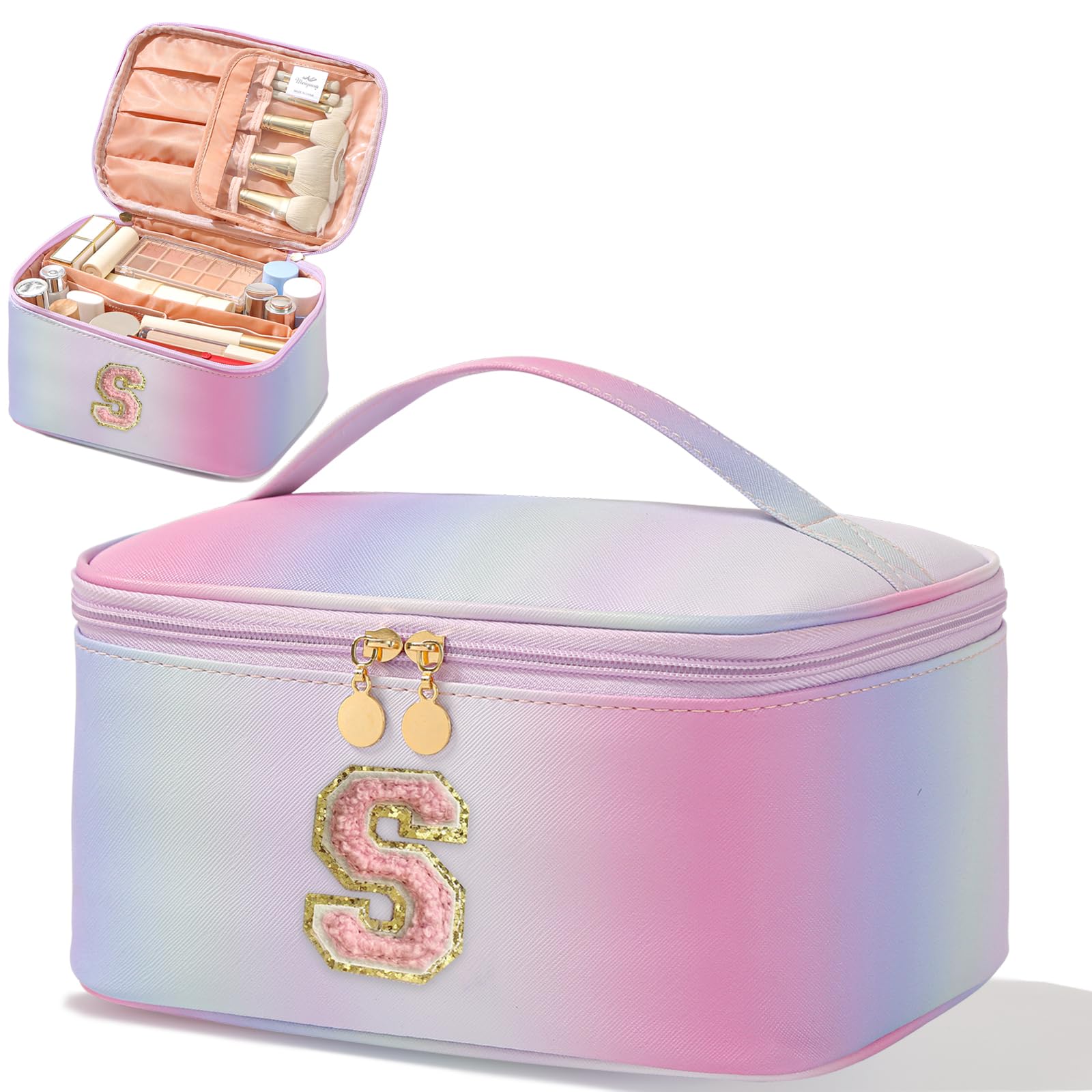 Meiyuuo Large Makeup Bag Portable Preppy Rainbow Colour Travel Pro Cosmetic Pouch Cute Cow Print Personalized Toiletry Organizer with Removable