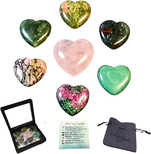 Obilea Gems - Corazones de cristal de chakra de corazón, juego de 7 cristales curativos alineados con chakras de corazón, piedras de palma de
