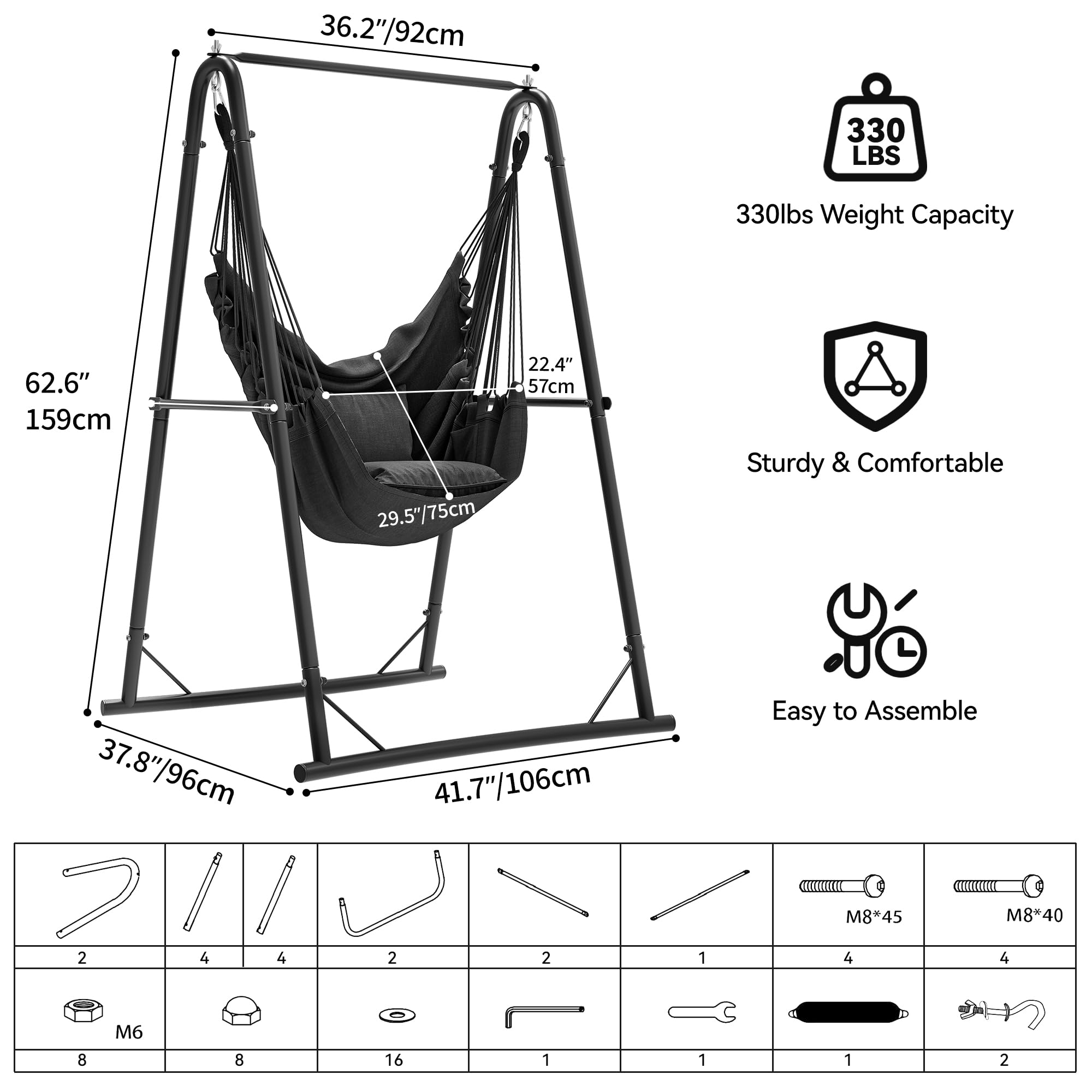 YITAHOME Hamaca Colgante con Estructura de 105 x 93 x 160 cm, Estructura de Acero Estable, Soporte para Hamaca con Columpio Colgante, Carga máxima de 150 kg, Mecedora con 2 Ganchos y 2 Cojines de