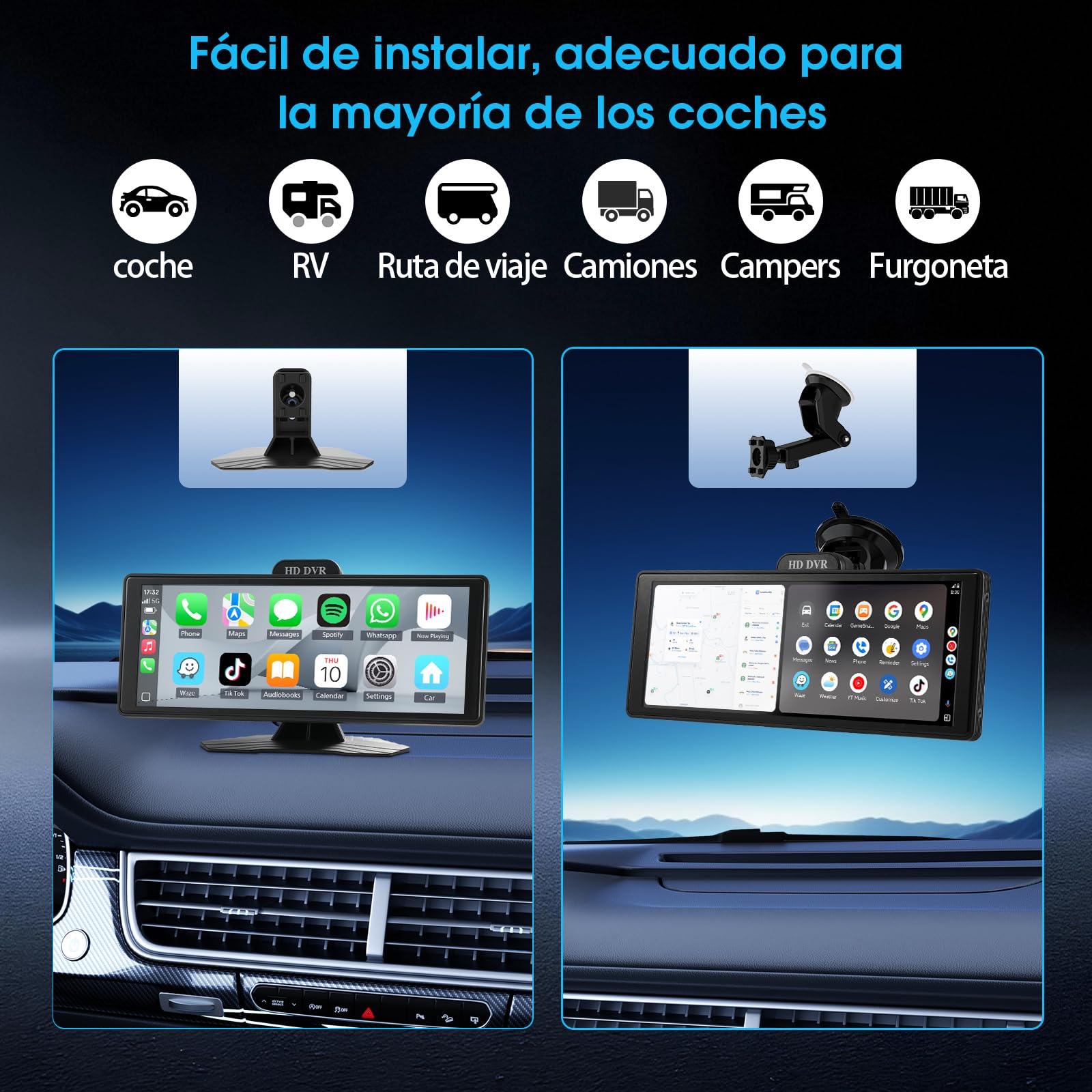 Haudio Pantalla CarPlay 10.26 Pulgadas Inalámbrica para Apple CarPlay y Android Auto, Estéreo Portátil con 2K DVR & 1080P Trasera Cámaras, Control Voz, Radio AUX/FM y TF 64G para Todos los Coches