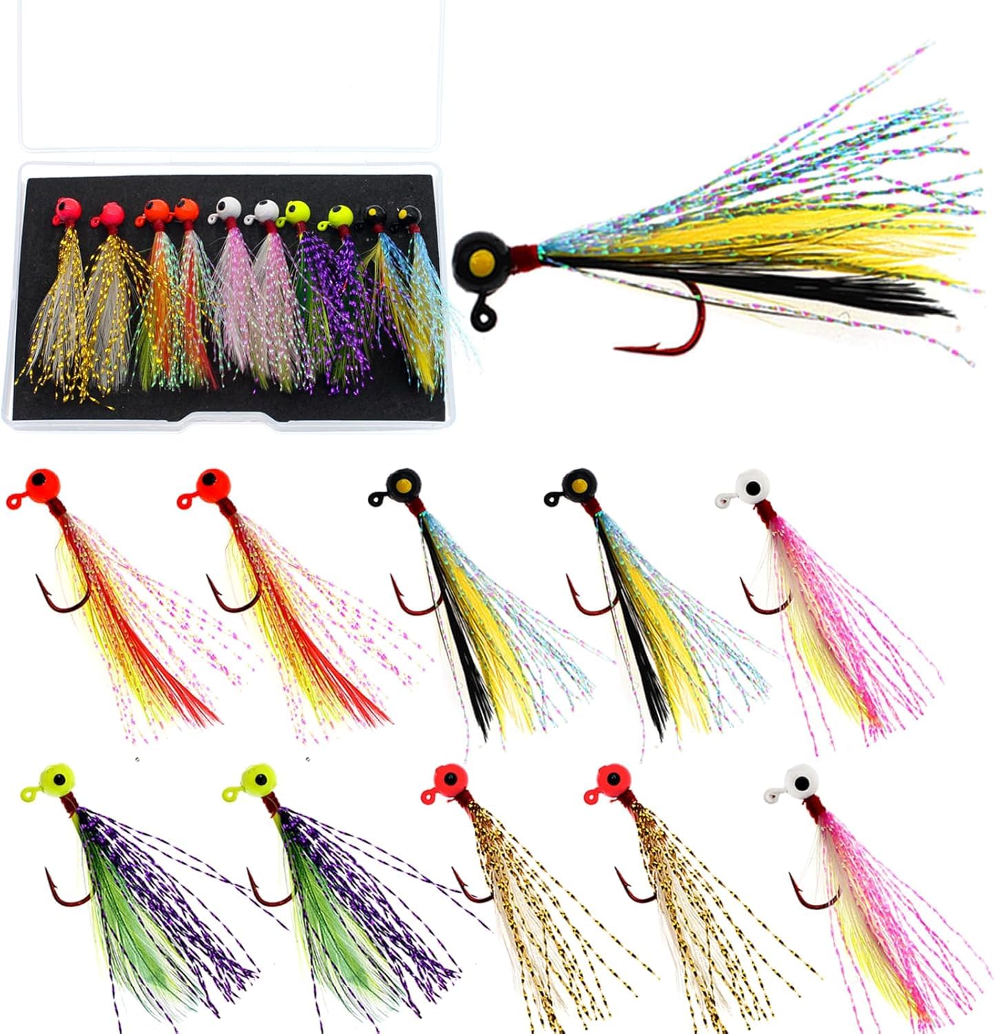 10pcs Fishing Jigs Crappie Jig Head Fishing Lures Hook Jigs Kit with Feather Fly Fishing Hand Tied Marabou Jig for Crappie Trout Walleye Panfish