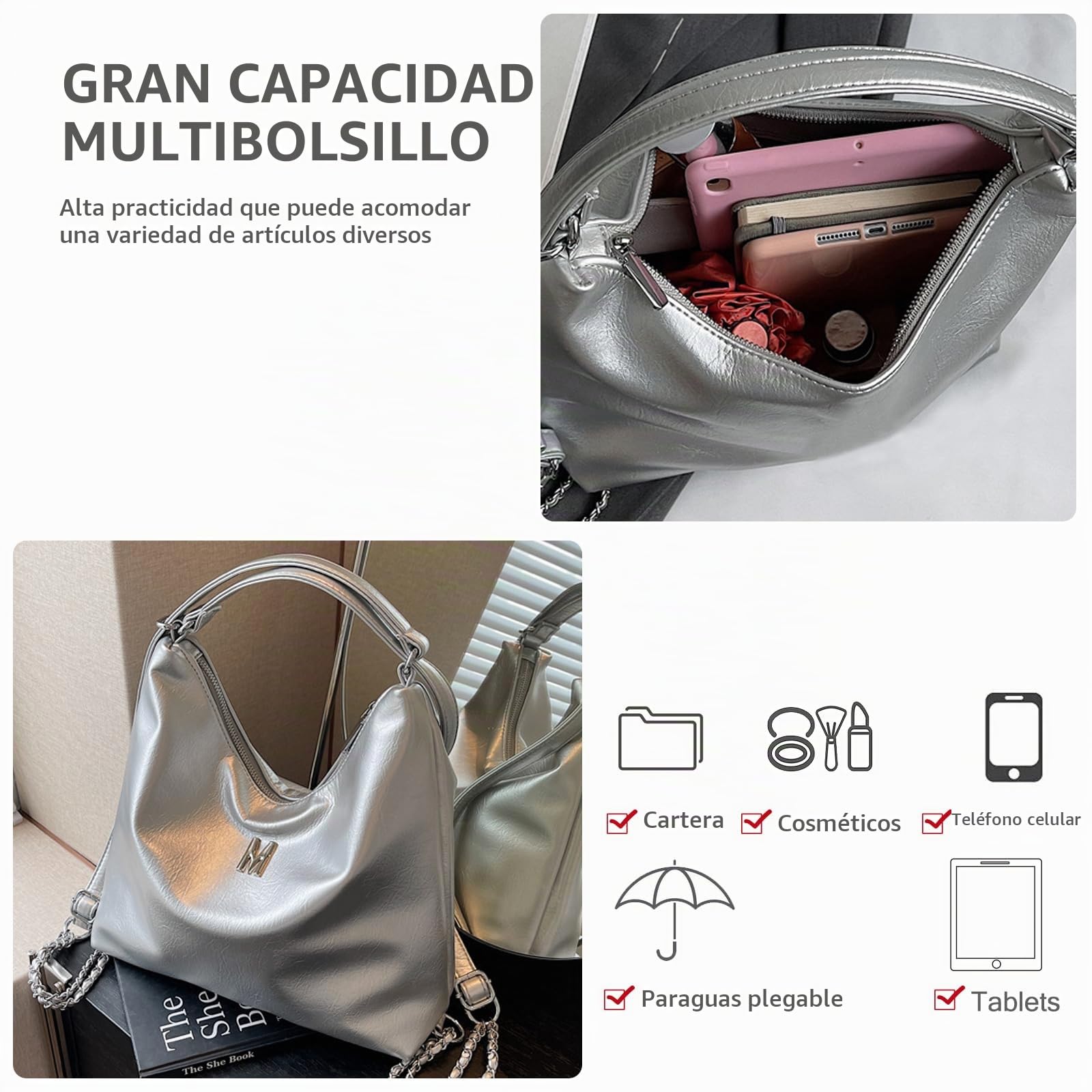 NICOLE & DORIS Bolso Tote Mujer Bolso Grande Bandolera Bolso Hombro PU Cuero Suave Bolso de Mano Bolso Shopper Mochila Viaje Bolsos Hobo Plateado