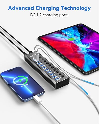 Miniatura 6 de Powered USB Hub 3.2, LEINSIS 10-Port USB 3.2/USB C Hub (10Gbps USB-A 3.2 +2 USB-C 3.2 +7 USB 3.0 Ports) with Individual On/Off Switches and 12V