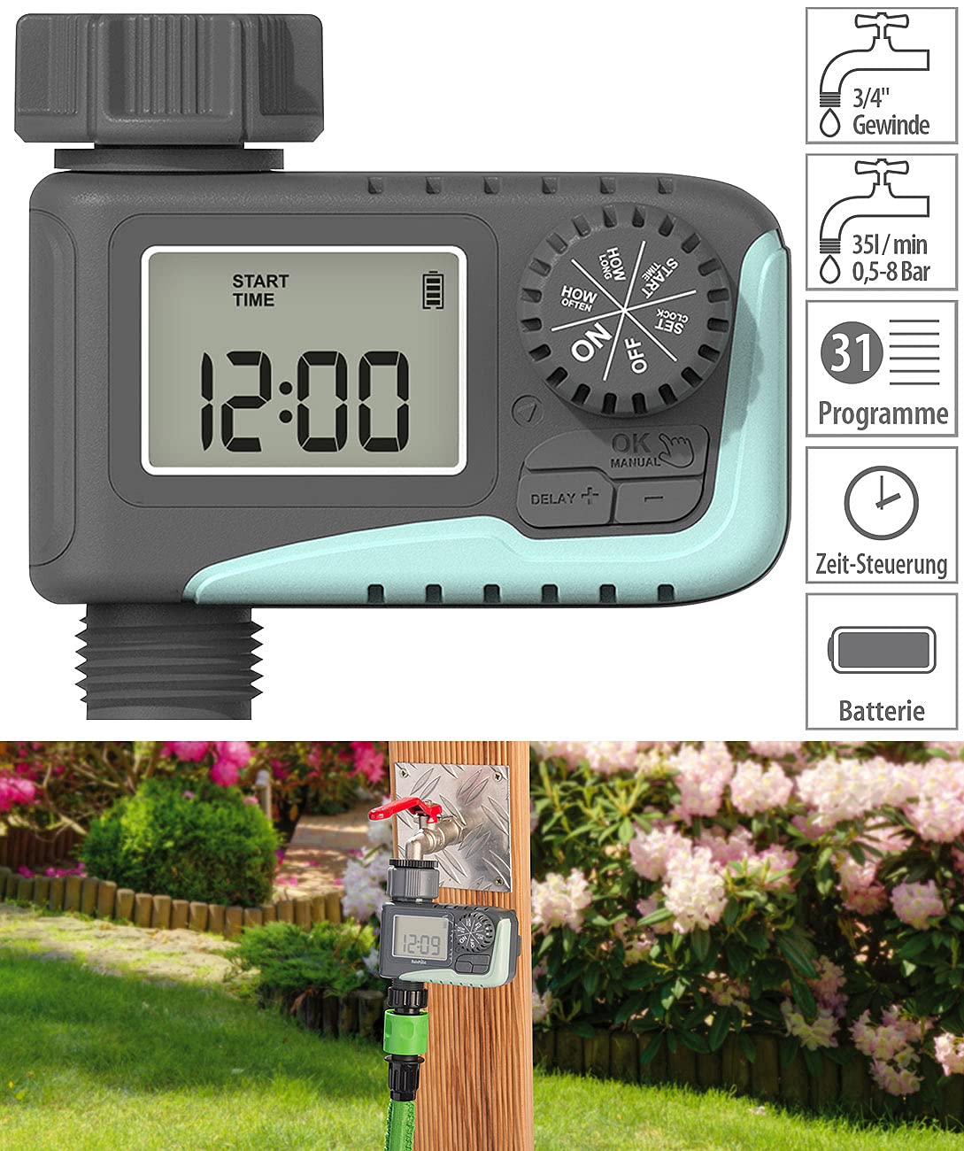 Royal Gardineer Zeitschaltuhren Schlauch: Digitaler Bewässerungscomputer mit 136-teiliges Sprinkler Set (Garden-Bewässerungscomputer, Automatische Bewässerungsuhr, Pumpe)