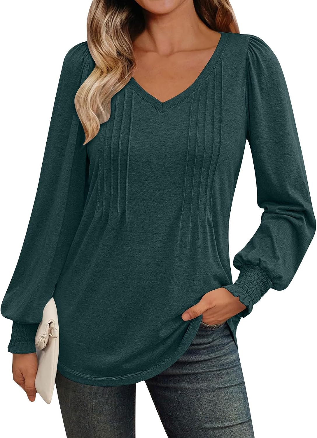 Womens Tops Pleated Long Sleeve V Neck Shirts Loose Casual Blouse Solid Color Tunic Top Fall Clothes Outfits