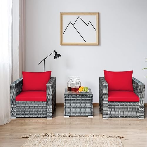 Miniatura 10 de RELAX4LIFE Juego de muebles de exterior de 3 piezas juego de sofá de ratán de polietileno para todo tipo de clima con cojines gruesos y mesa de café