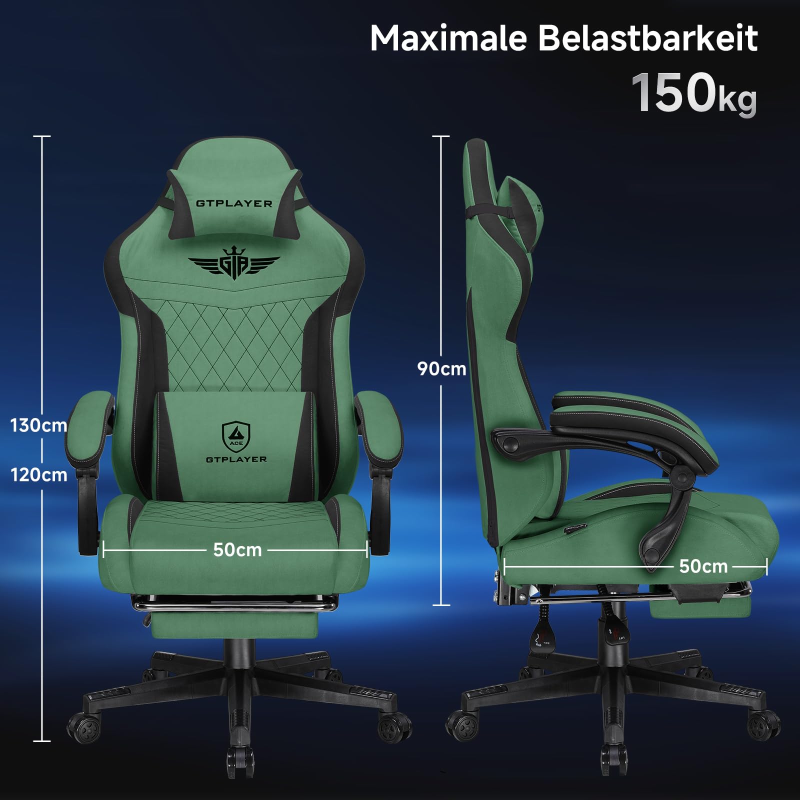 GTPLAYER Gaming Stuhl, Ergonomischer Gamer Stuhl aus Stoff mit Lendenwirbelstütze, PC-Stuhl mit verbreiterter Rückenlehne, Belastbar bis 150 kg, Grün