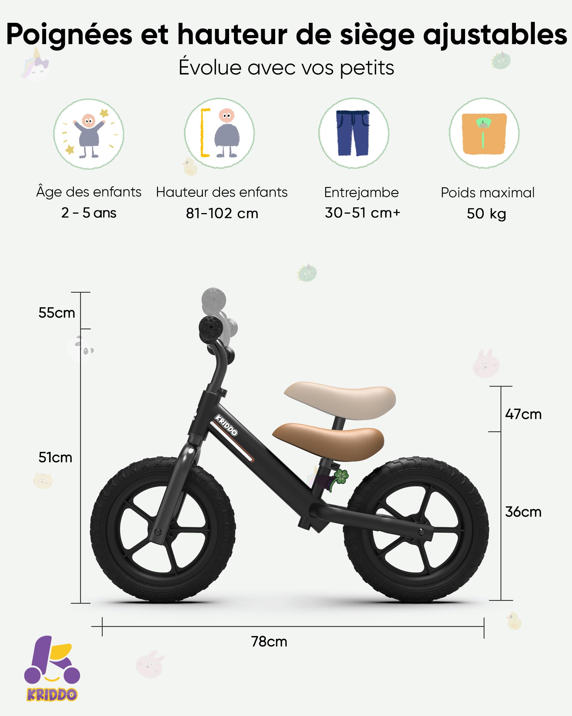 KRIDDO Vélo d'équilibre pour Enfant de 2 à 5 Ans, Double roulement pour Une Conduite Plus Fluide, Plaque Adorable, siège et Guidon réglables, Cadeaux pour Tout-Petits de 2 à 3 Ans