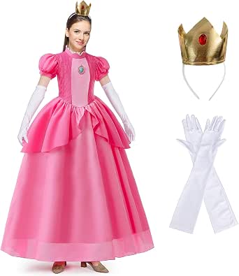 Princess Peach Dress Costume For Kids - Complete Cosplay Set With Crown, Wand, Earrings, Perfect For Halloween, Parties