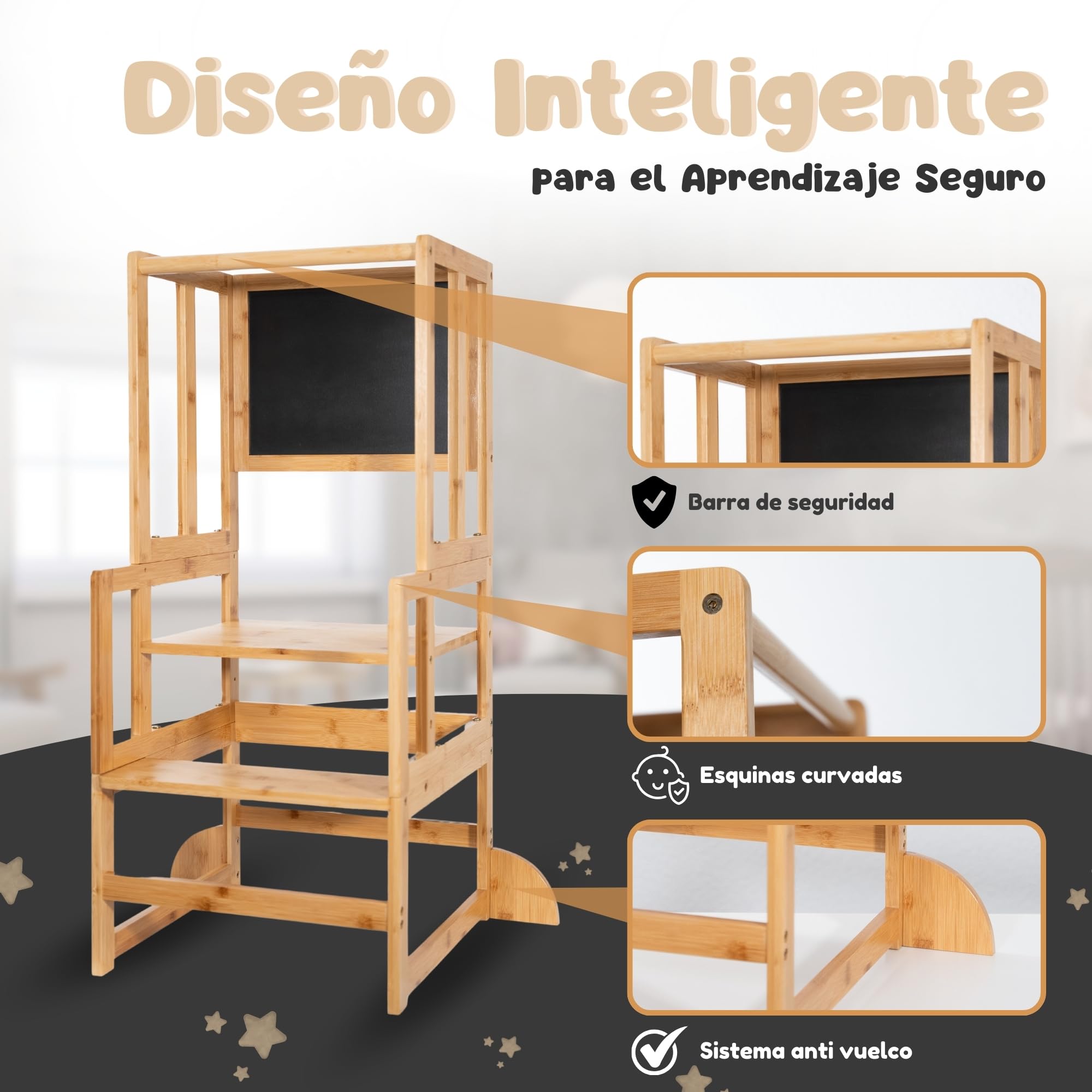Torre de Aprendizaje Montessori de Bambú Antivuelco, Taburete Infantil y Juguetes