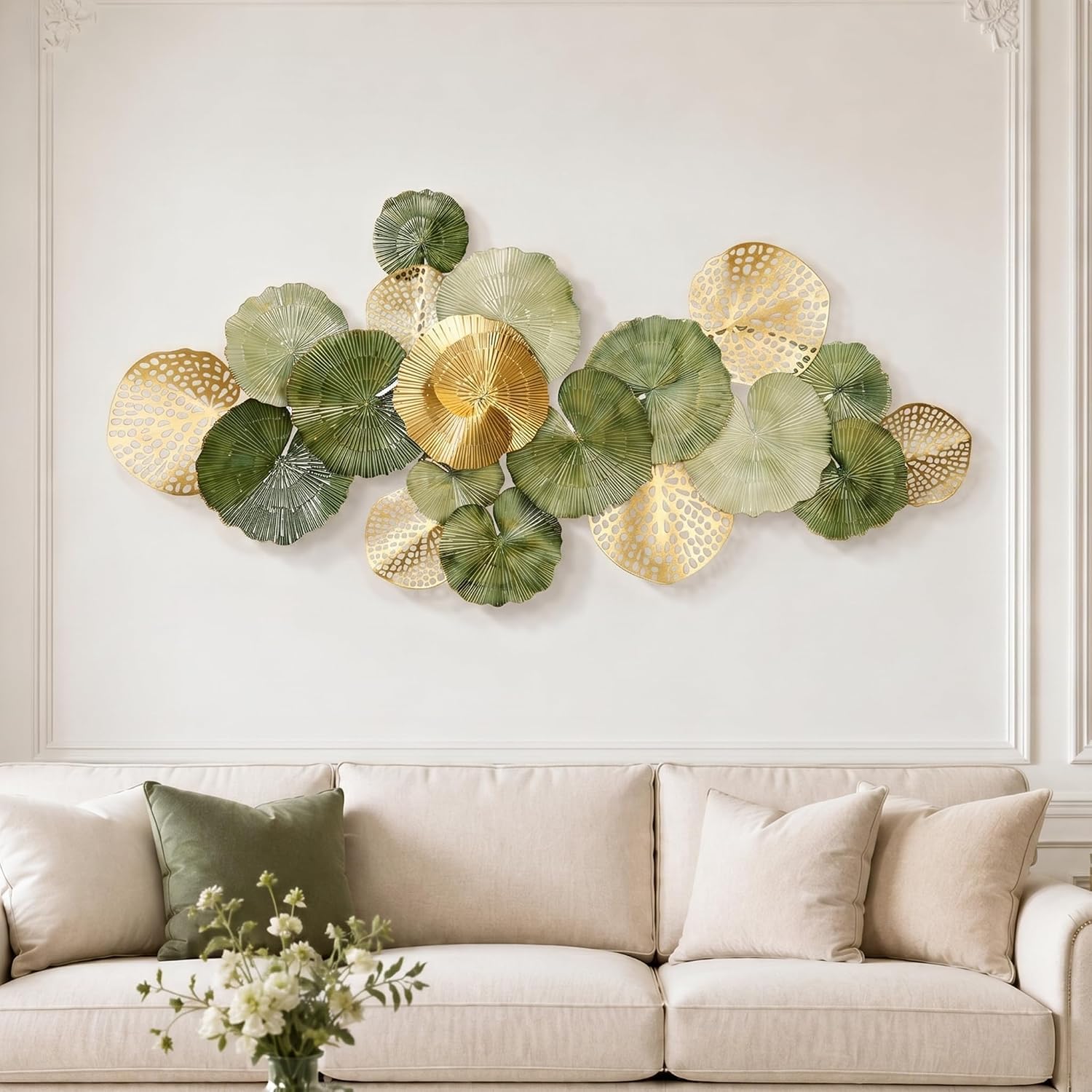 Genérico Gran Decoración Pared de Metal,Hojas de Loto 3D para Salón | 130×64cm,Acabada a Mano,Con Montaje Horizontal O Vertical,Para Dormitorio,Comedor,Despacho,Pasillo Y Hotel