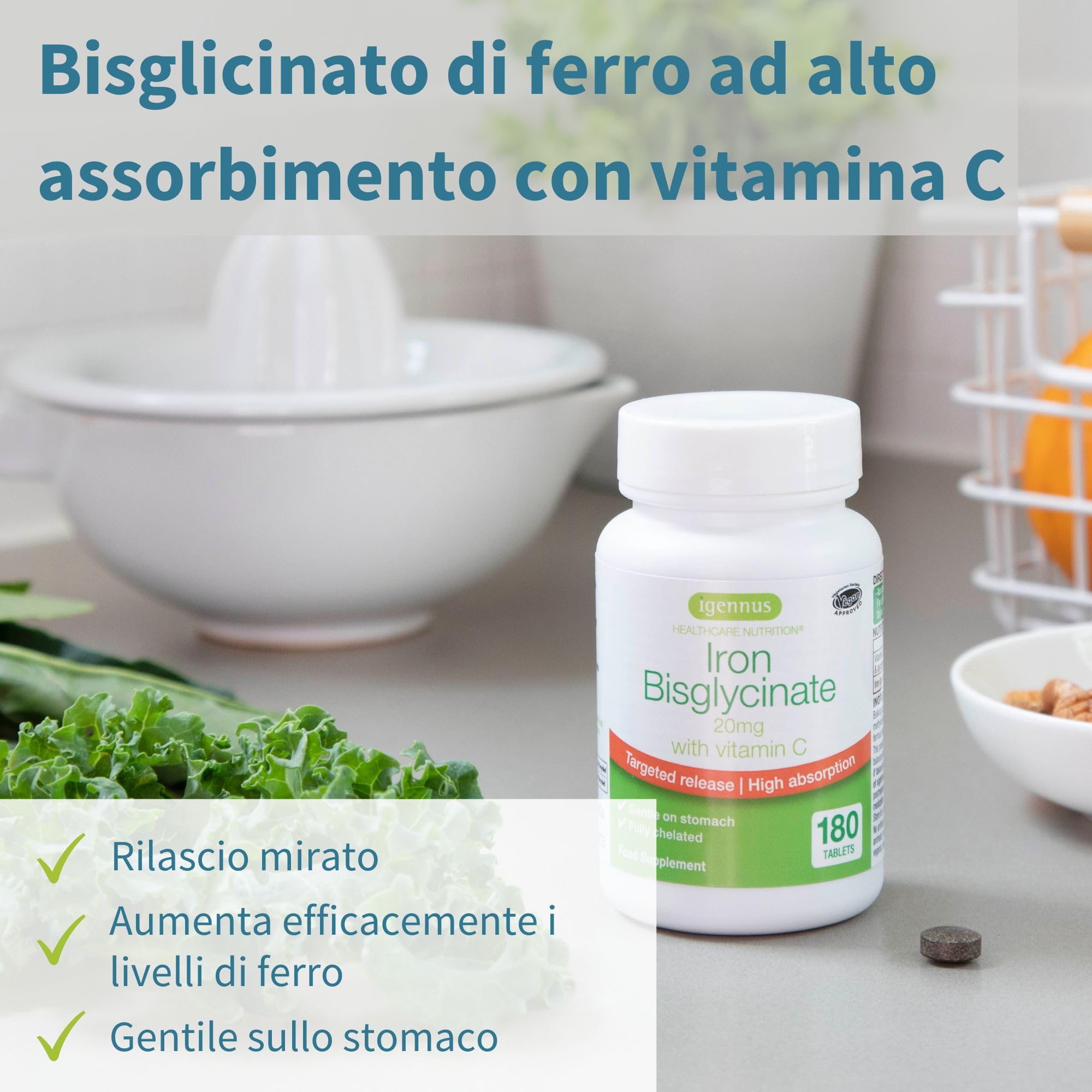 Igennus Ferro Bisglicinato 20mg con Vitamina C 100mg, Alto Assorbimento e Rilascio Mirato, Delicato sullo Stomaco, Integratore Ferro per Stanchezza, Ingredienti Puri, 180 Compresse Vegane, 1 al giorno