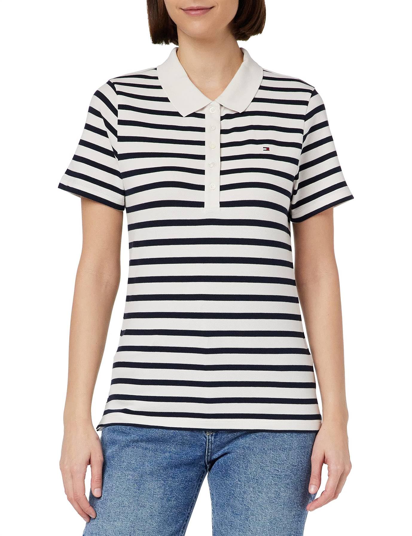 Tommy Hilfiger Women 1985 Slim Piqué Short-Sleeve Polo Shirt, Slim Fit, White Breton Stripes White/Desert Sky, M