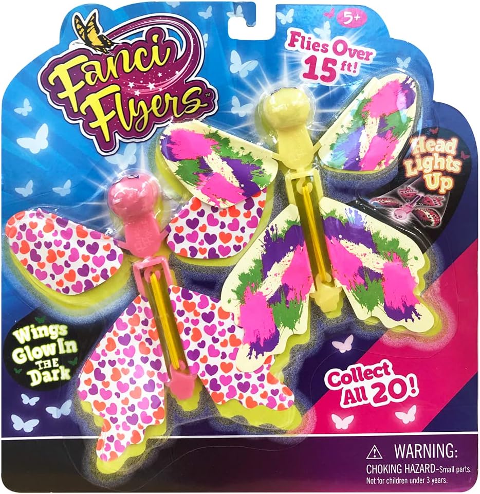 Fanci Flyers Flying Butterfly 2 Pack Rubber Band Powered Butterfly Wind Up Toy- Lights Up & Glows in The Dark