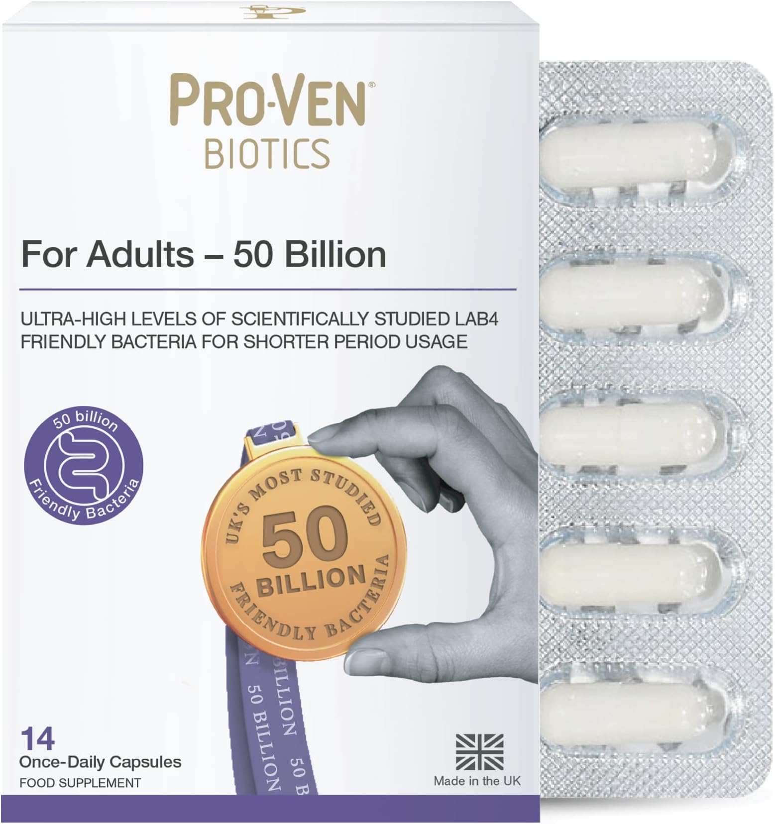 Pro-Ven 50 Billion Probiotics for Adults | Lab4 Friendly Bacteria Short-Term High Strength Support | Multi-Strain Daily Gut Health Formula | 14 Capsules