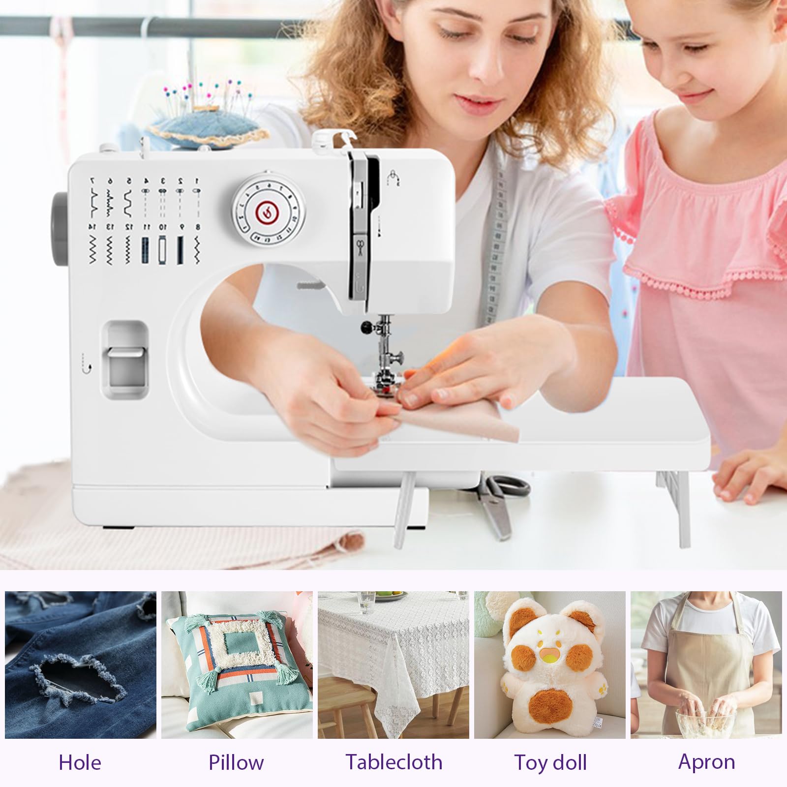 Máquina de Coser Profesional y Portátil con Mesa de Extensión - 14 Programas de Costura y 64 Carretes de Colores para Principiantes (A)
