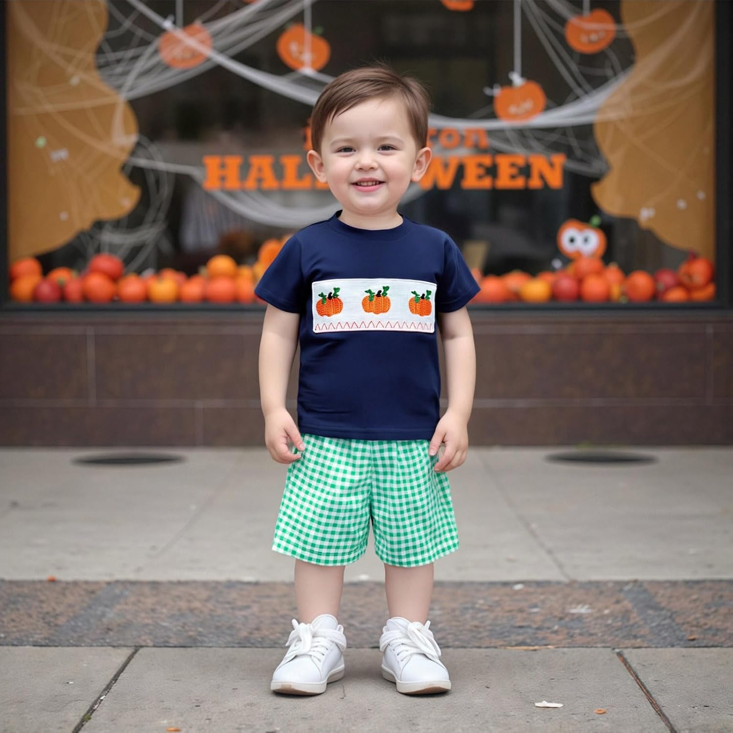 Toddler Baby Boy Halloween Clothes Pumpkin Embroidery Smocked Short Sleeve T-Shirt and Plaid Shorts Set Fall Outfits - Image 4