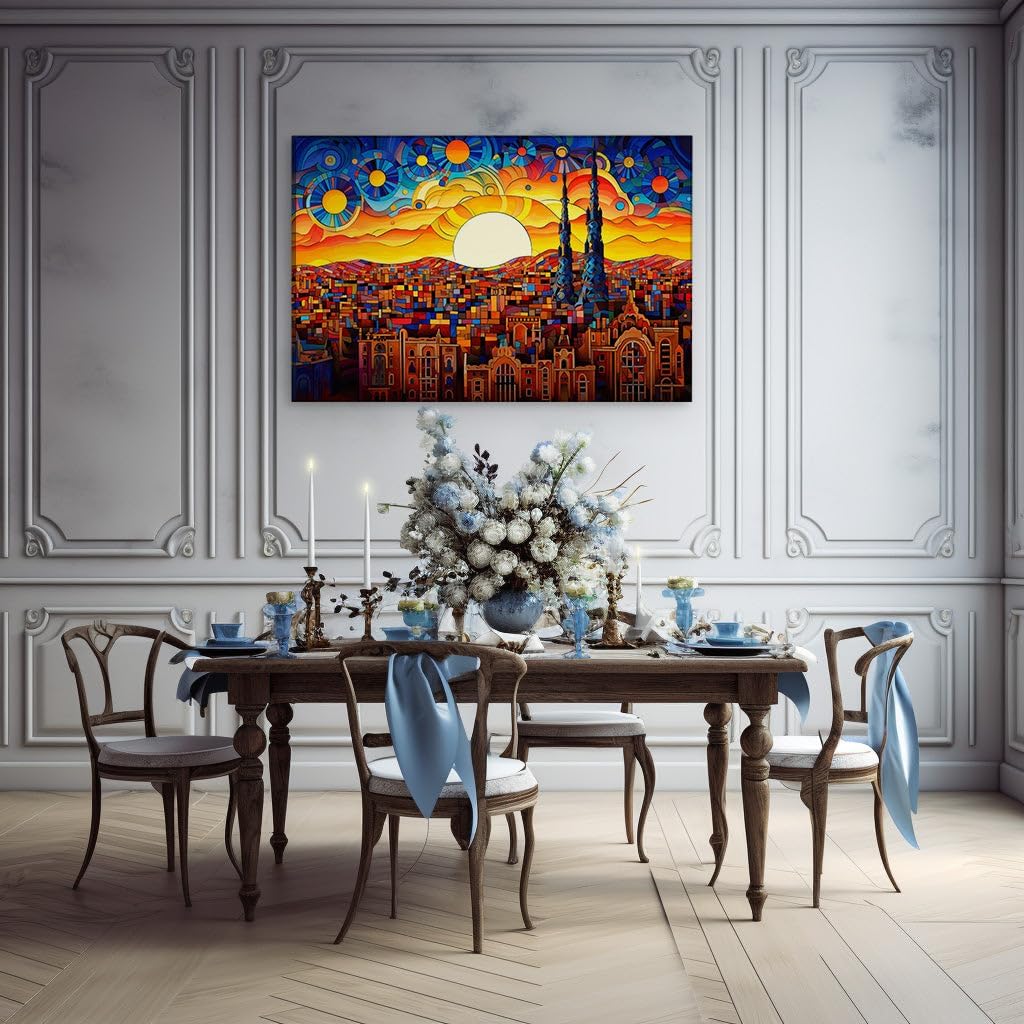 Canvas for Living room. Cityscape Kaleidoscope: A Stained Glass Skyline Under the Cosmic Gleam, 27 x 18 inch Canvas Wall Art - Ready to Hang