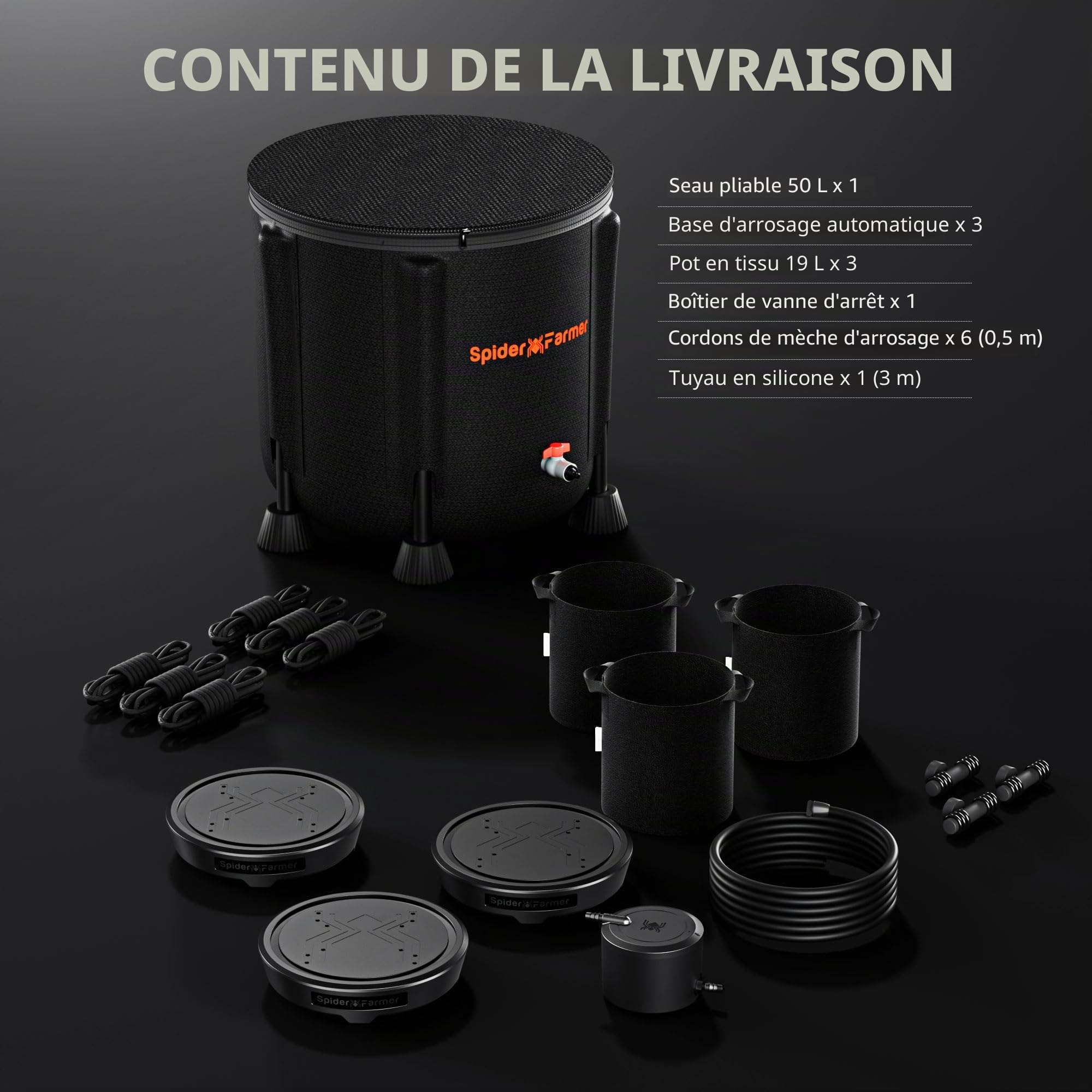 Spider Farmer Lot de 3 systèmes d'irrigation automatique alimenté par gravité sans électricité avec réservoir d'eau de 50 l, base en tissu avec système d'irrigation à mèche pour tente de culture