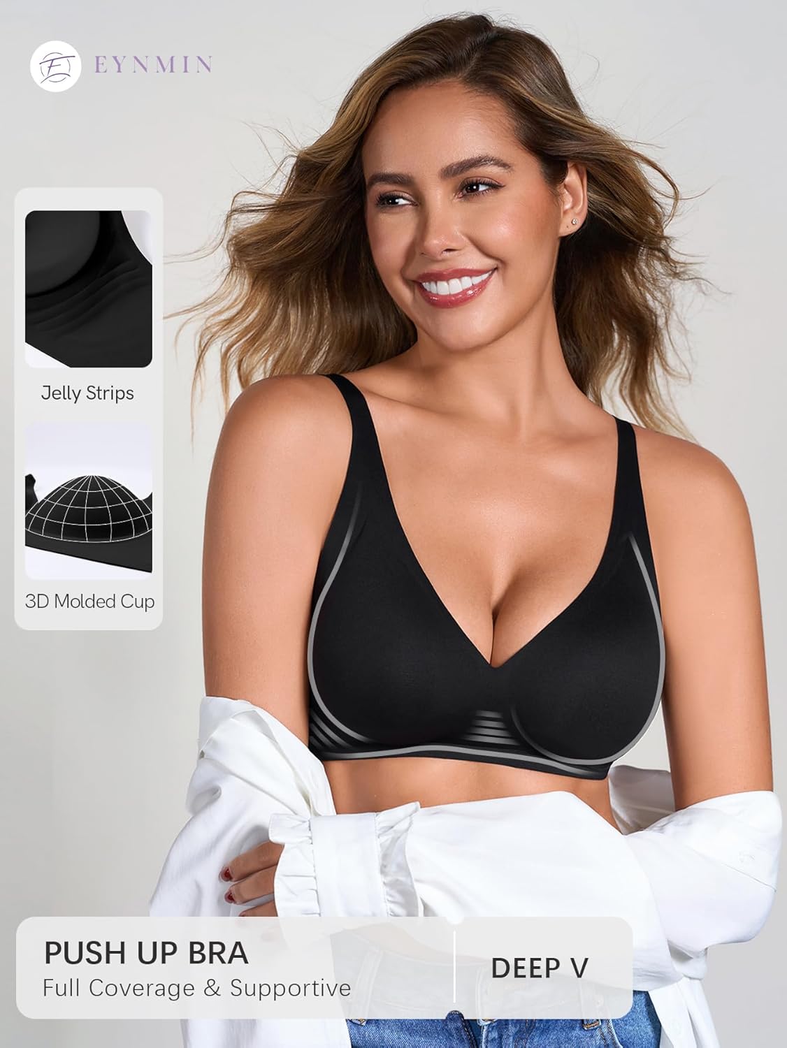 EYNMIN Sameless Wireless Bras for Women No Underwire V Neck Push Up Jelly Bra Supportive Full Coverage Comfortable Bra - Image 2