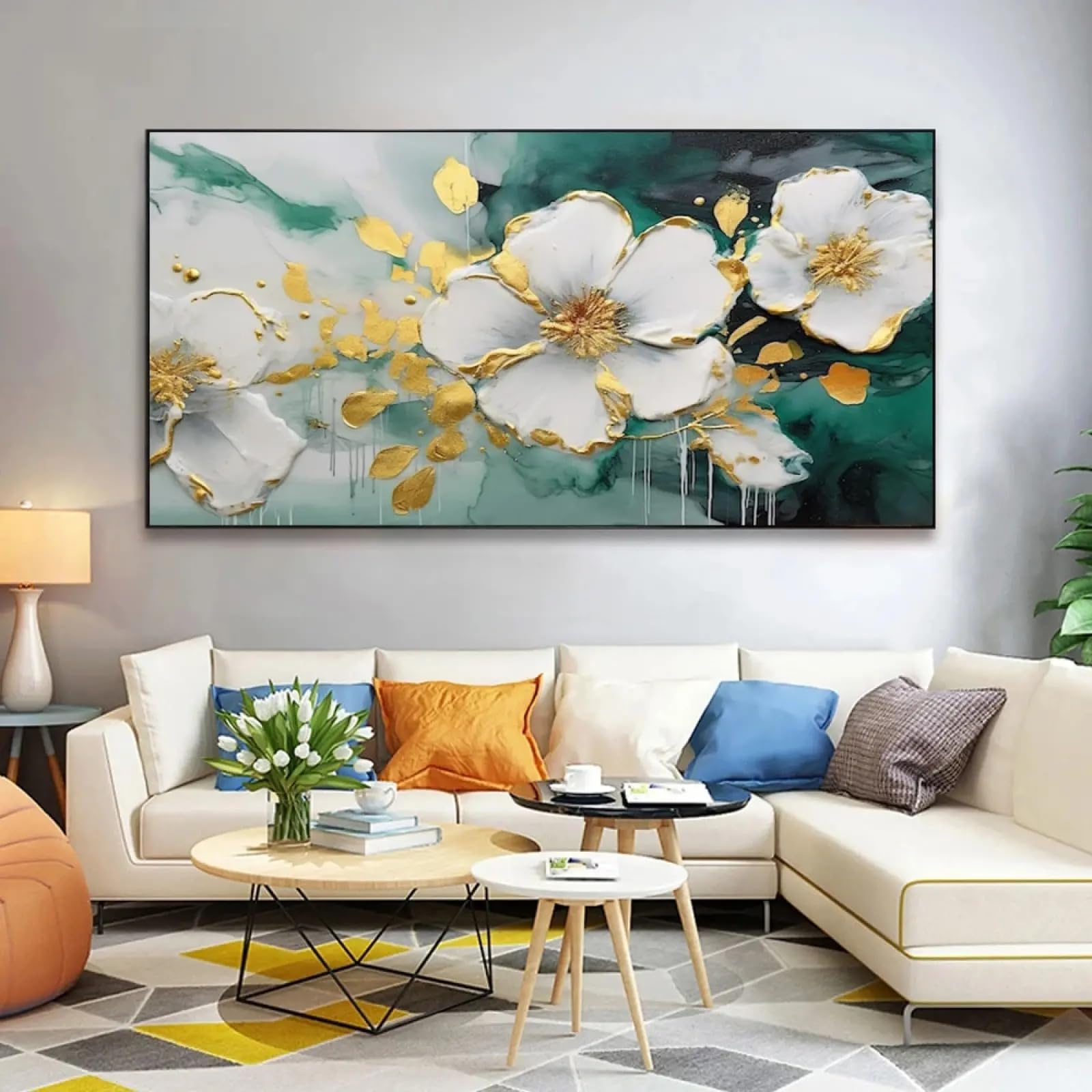 Mur de salon vide ? Solution tableau fleur blanche grand format encadré