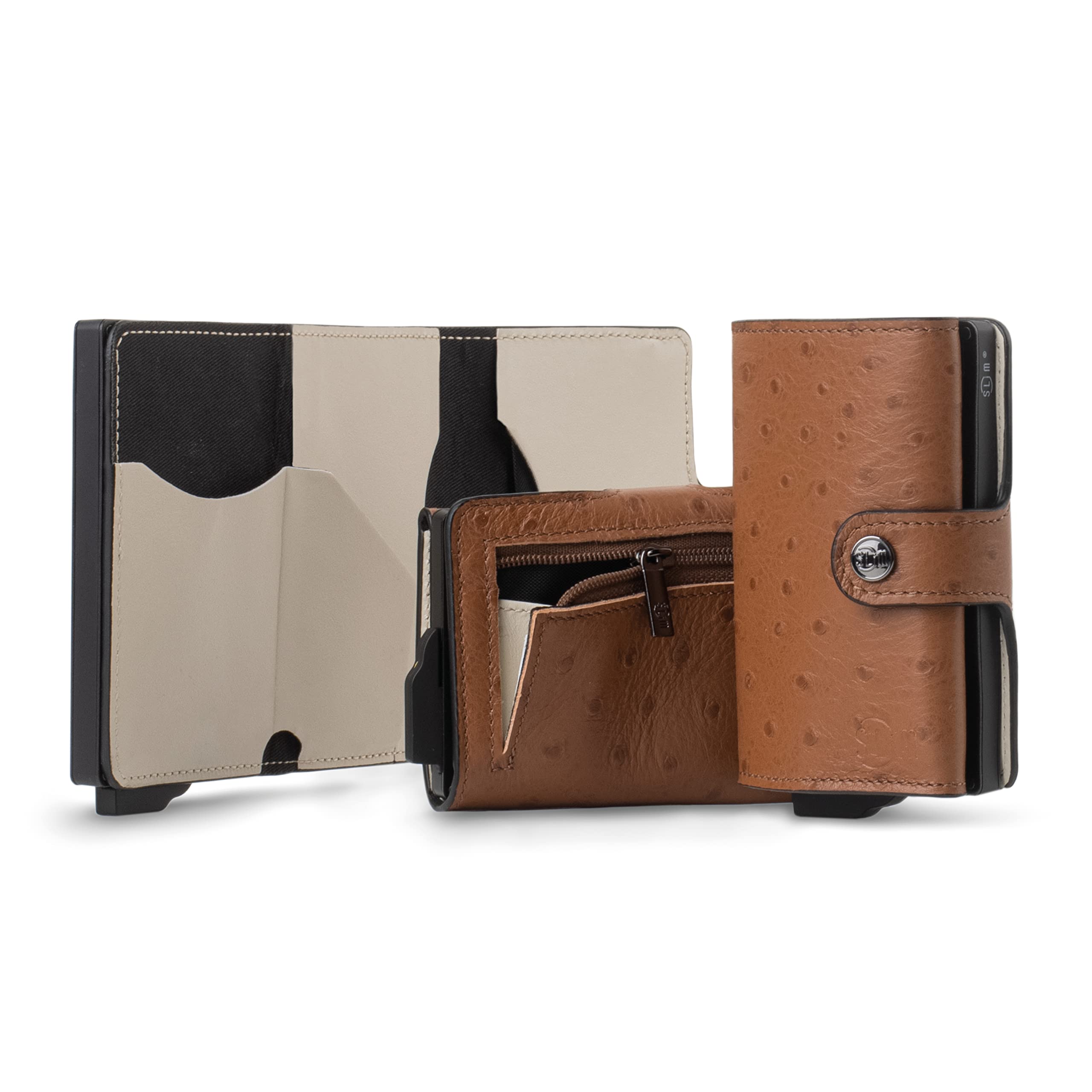 SLim Porta Carte di Credito Schermato Portafoglio Uomo Rfid Portatessere Anticlonazione Donna Portacarte Uomo (Struzzo Marrone interno Beige, Con Zip)