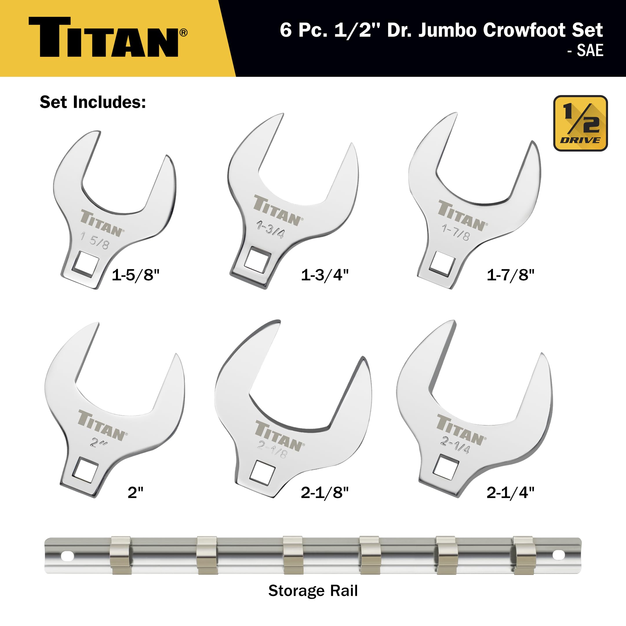 Titan 17676 Jeu de 6 clés à molette SAE Jumbo Crowfoot 1/2"