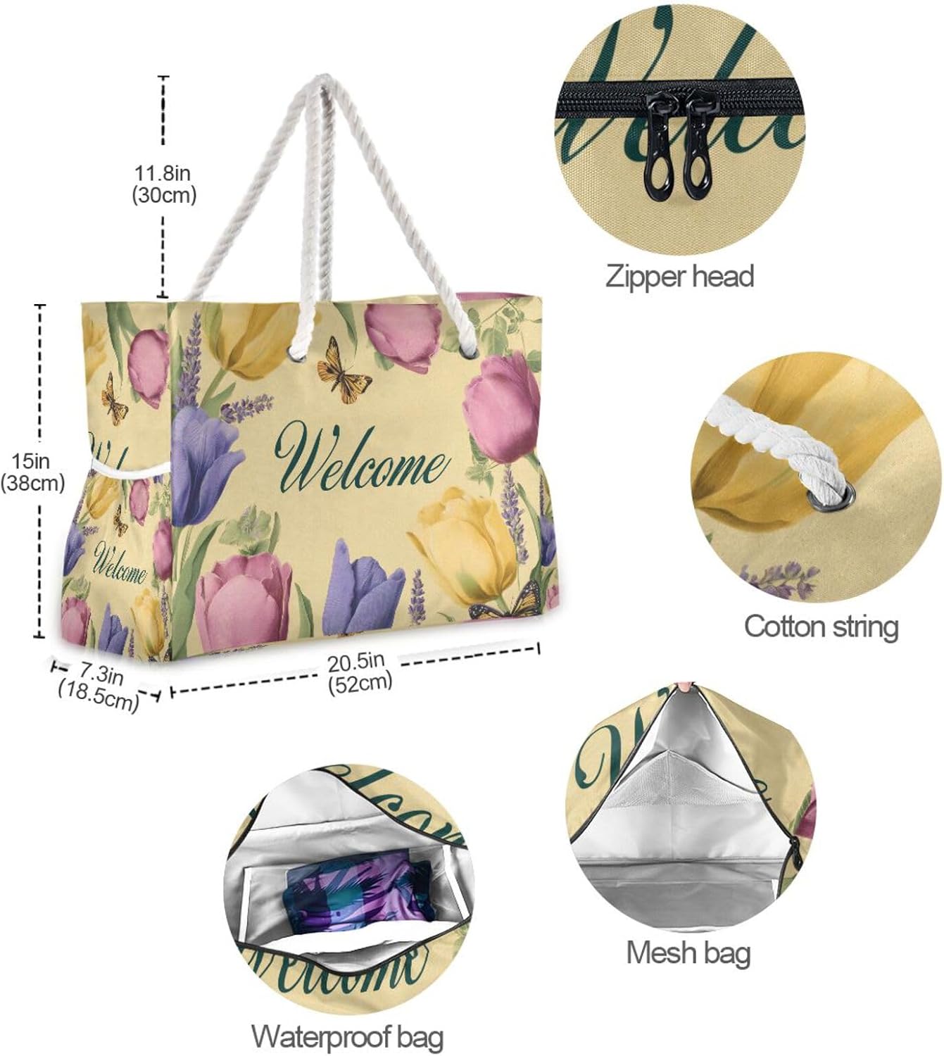 OTVEE Colorful Tulip and Welcome Patterns Beach Bags for Women Ladies Large Canvas Tote Shoulder Bag Waterproof Travel Bags for Gym Swim Pool Camping