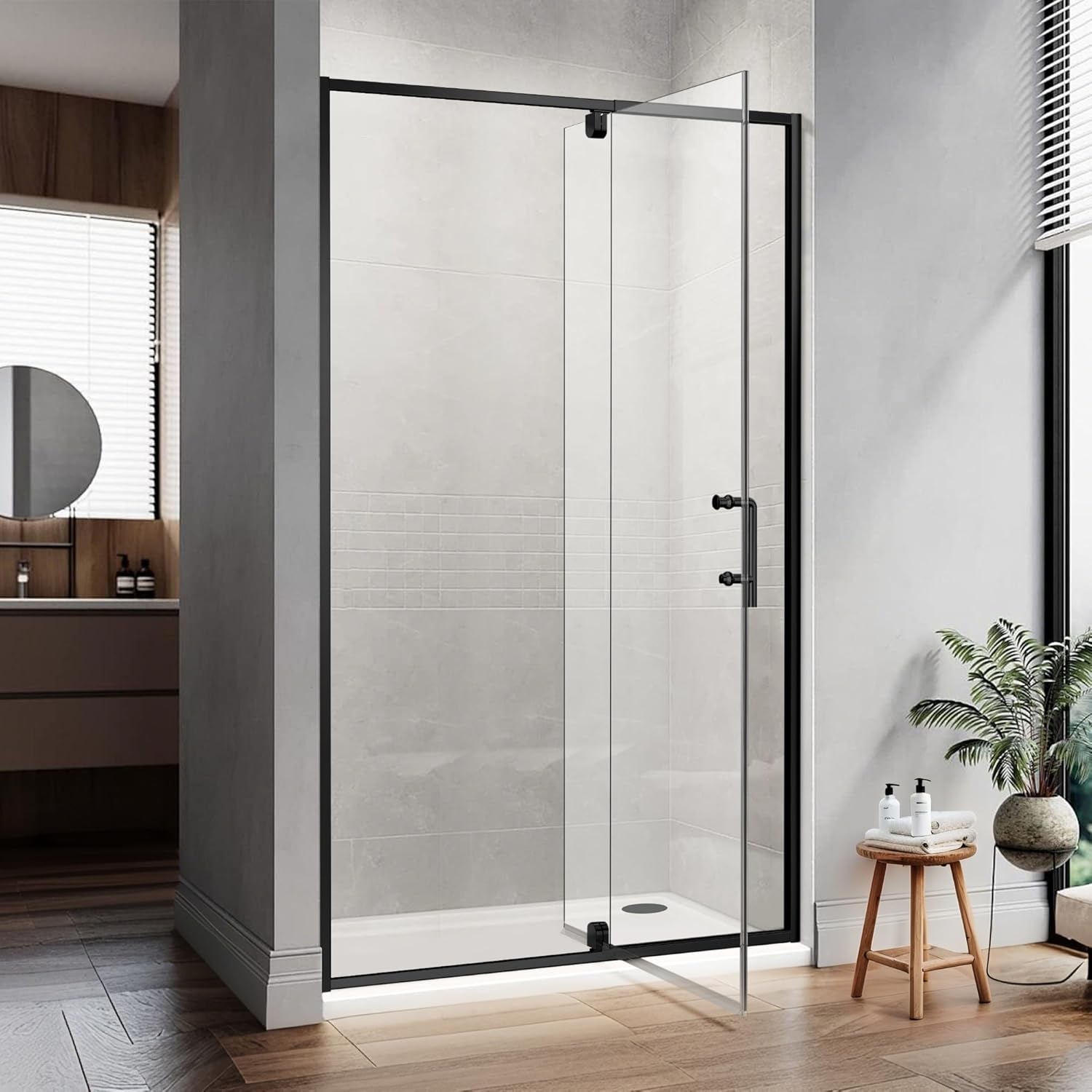 Pivot Shower Door, 38-42" W x 74" H Framed Glass Shower Door 1/4" (6mm) Clear SGCC Tempered Glass, Matte Black Finish Shower Doors, Reversible Installation