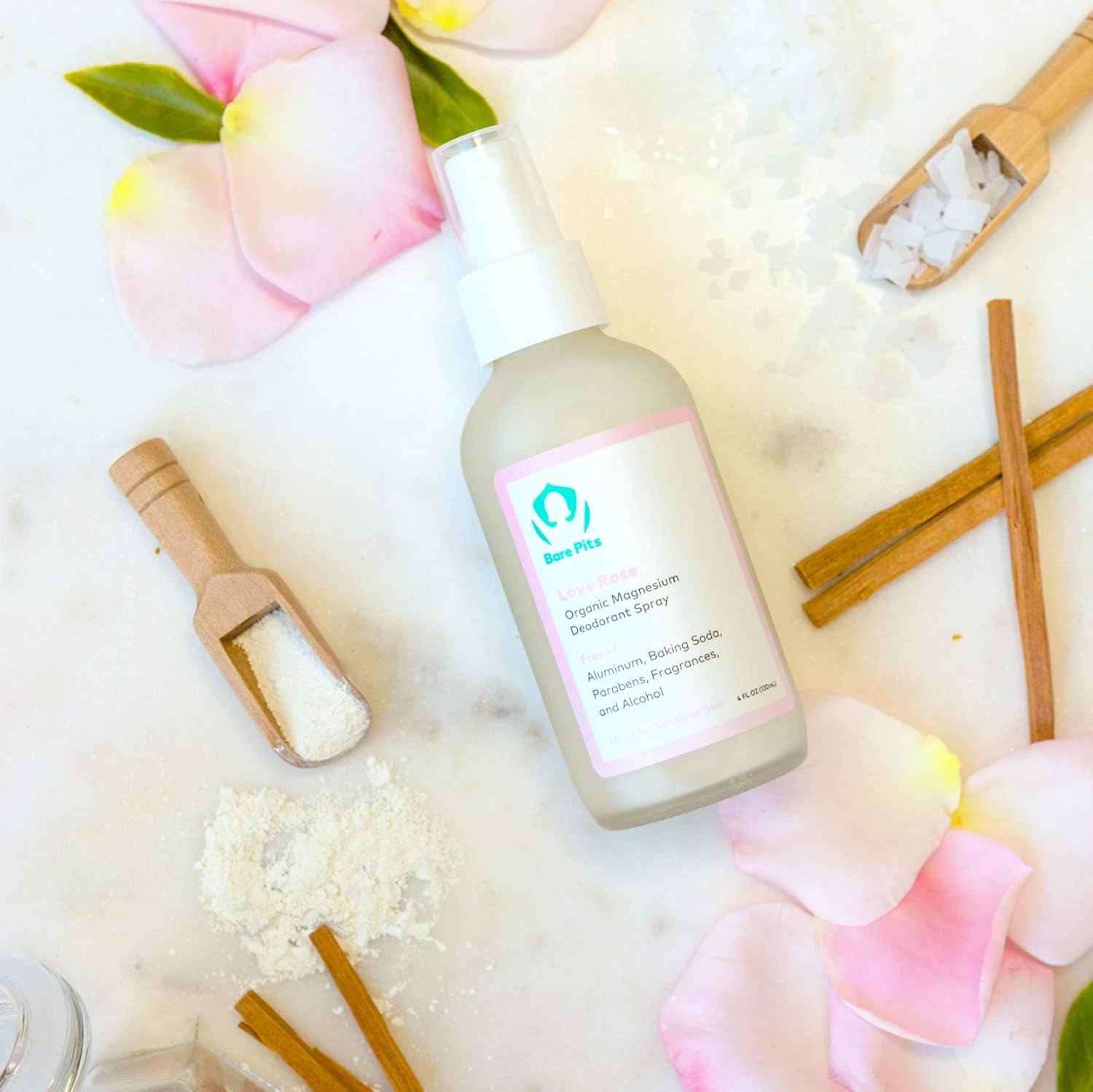 Bare Pits Vegan Aluminum & Baking Soda FREE Magnesium Deodorant Spray Love Rose (sensitive skin)