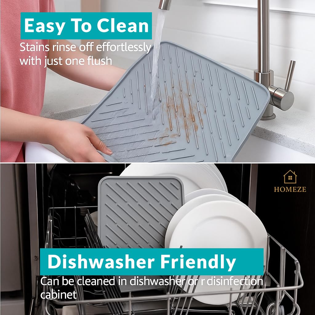 Homeze Tappetino scolapiatti da cucina in silicone, misura media, 40 x 30 cm, vassoio portaoggetti integrato per utensili, sottopentola resistente al calore, protegge i controsoffitti, previene