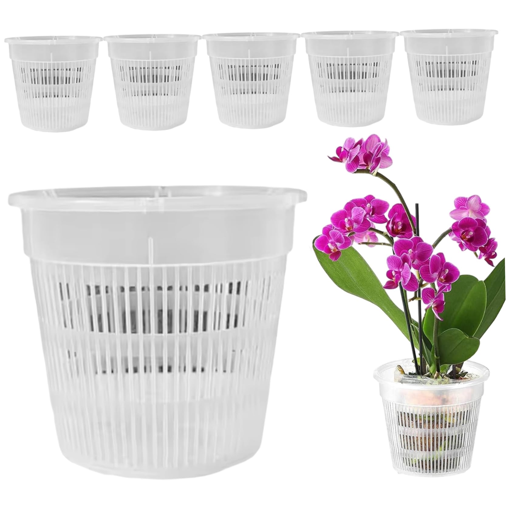 CAKEEYUM Orchid Pots 6-Pack, 5.5 Inch Plastic Orchid Planter for Repotting, Clear Nursery Pots with Drainage Pot Clear Nursery with Drainage Plant Holes Plastic for Repotting Planter