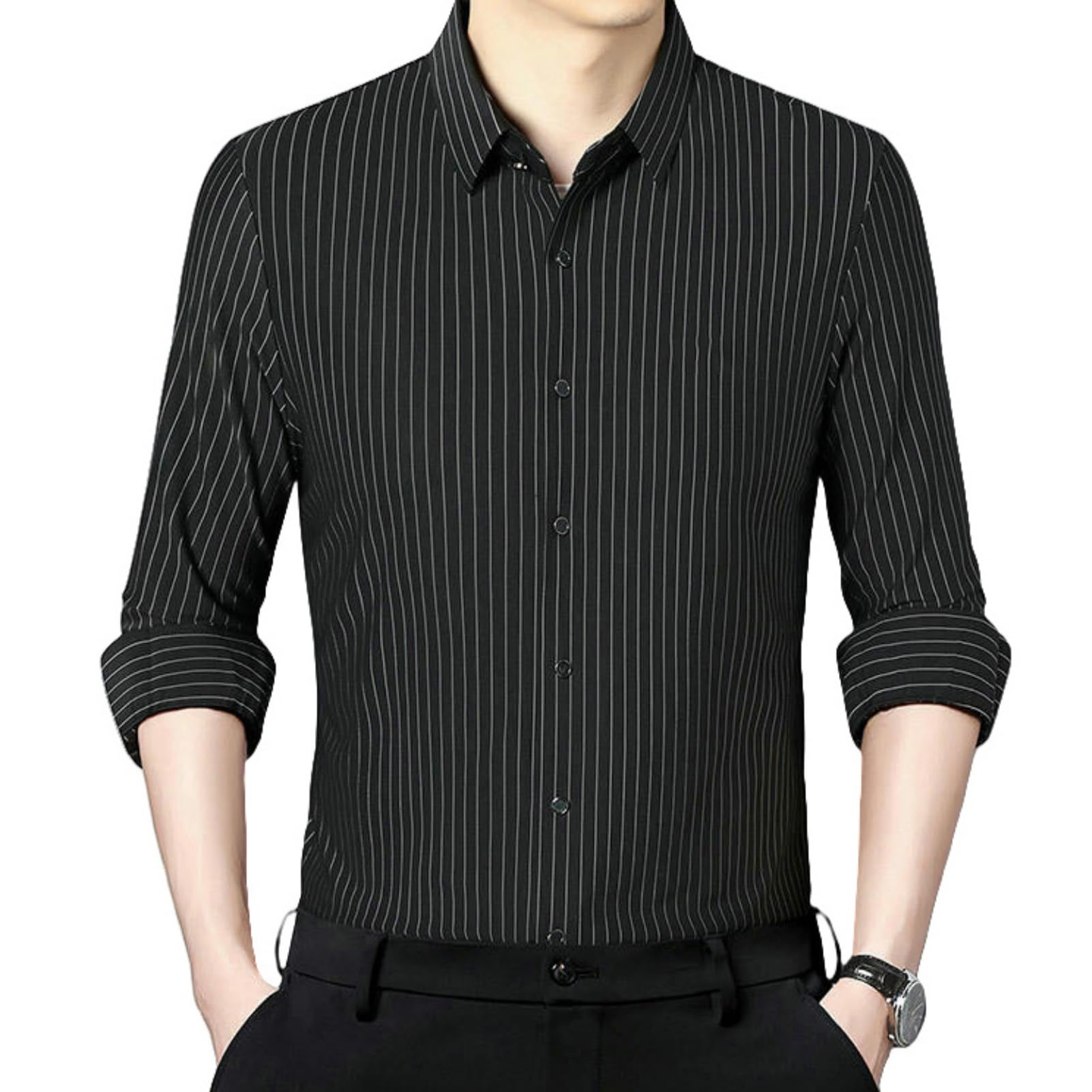 Camicia da uomo a maniche lunghe per la primavera e il lavoro versatile a righe tinto in filo
