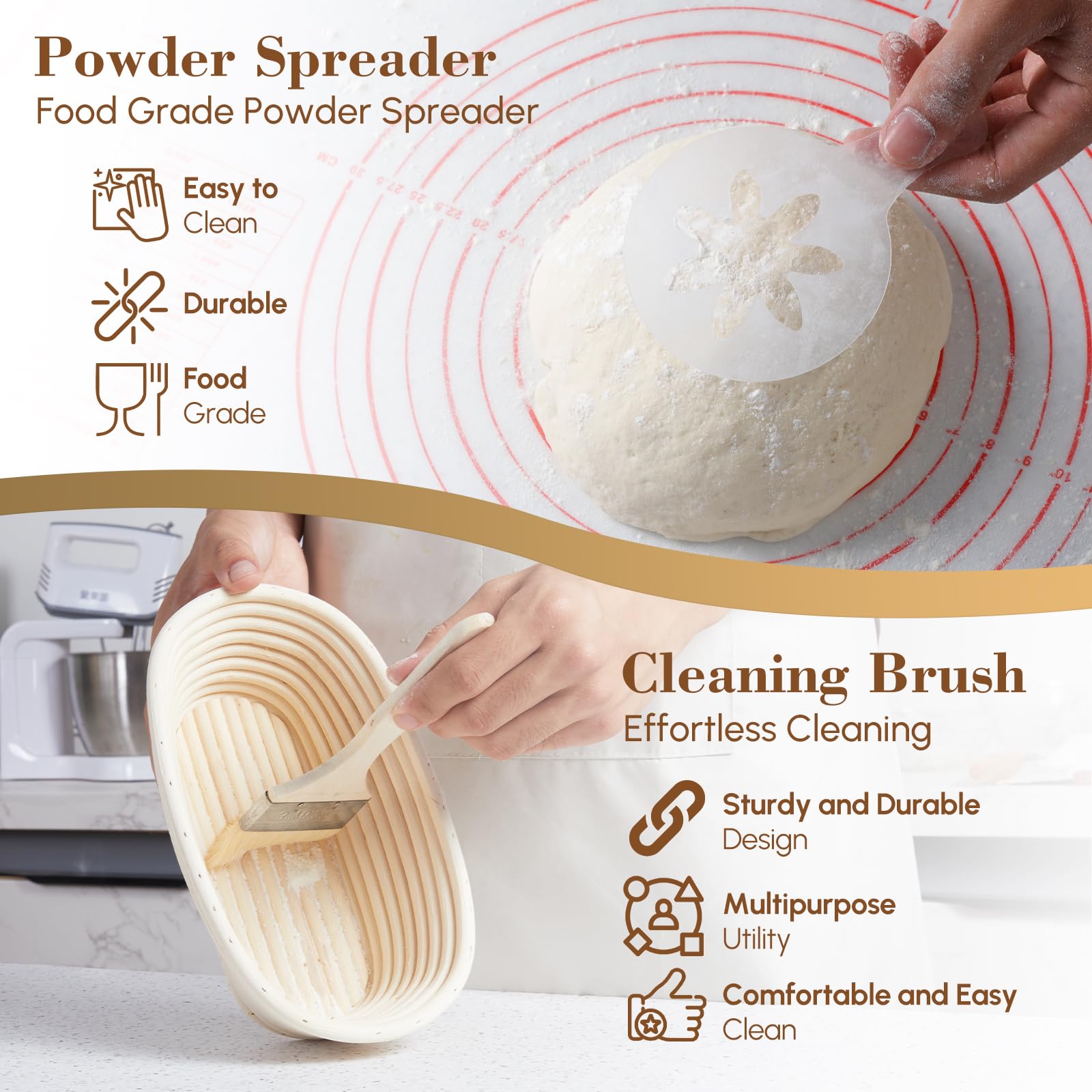 Set di 17 cestini per lievitazione del pane Banneton, rotondi da 22,9 cm e ovali da 25,4 cm, kit completo per la preparazione del pane, frusta danese, raschietto, raschietto per impasto, e lame per