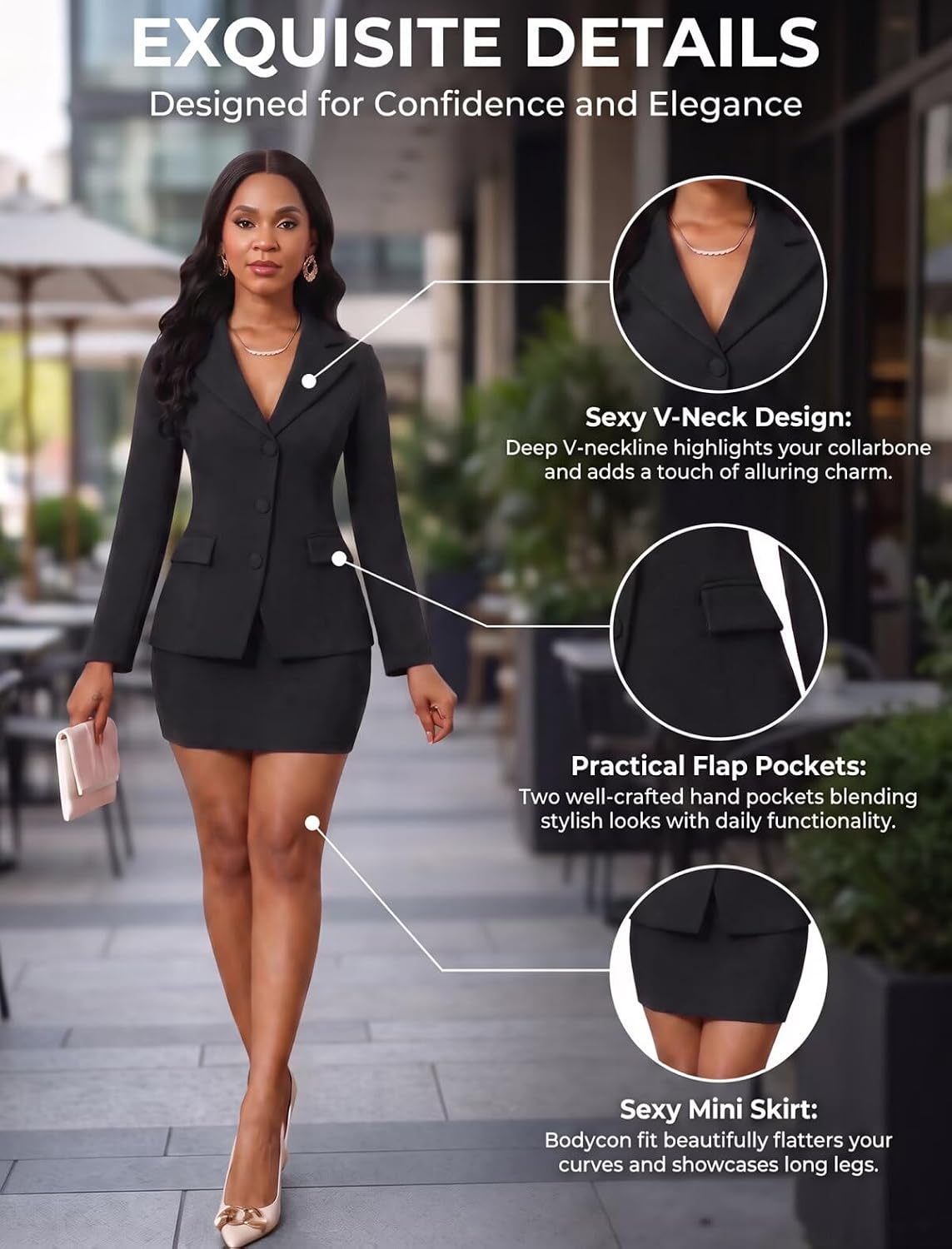 Ophestin Women's 2 Piece Skirt Suit Set Long Sleeve Business Blazer Sets