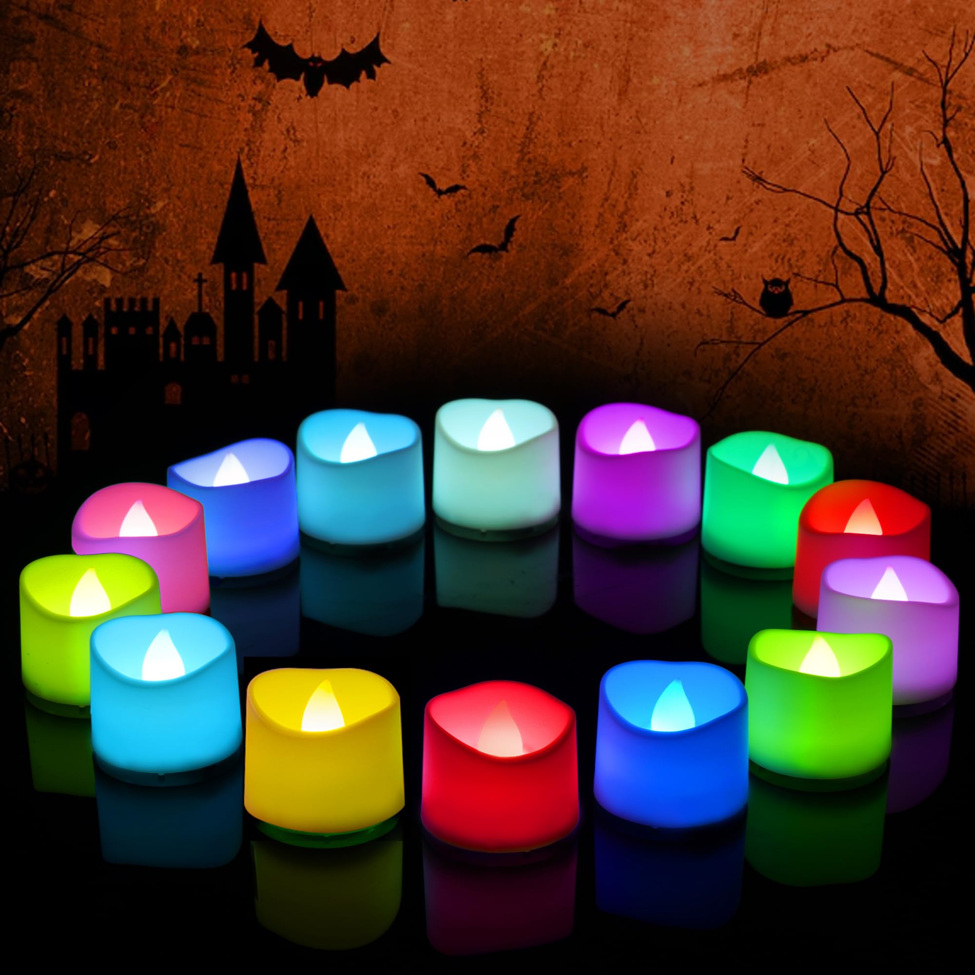 AMAGIC 24 Pack Colour Change Flicker Bright Flameless LED Candle Battery Operated, Fake Electric Tea Lights, for Christmas Party, Halloween, Birthday, Table Decoration