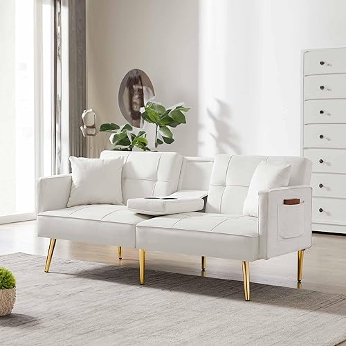 Miniatura 7 de Sofá cama tipo futón convertible de 69 pulgadas, 2 portavasos de terciopelo moderno con patas de metal, bolsillo lateral, sofá biplaza tapizado