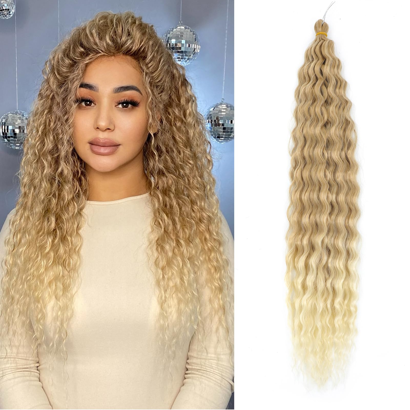 TAOYEMY Deep Wave Crochet Curly Braiding Hair 22 Inch 6 Packs Ocean Wave Crochet Hair Extensions Synthetic Curly Crochet Hair For Women (T27/613