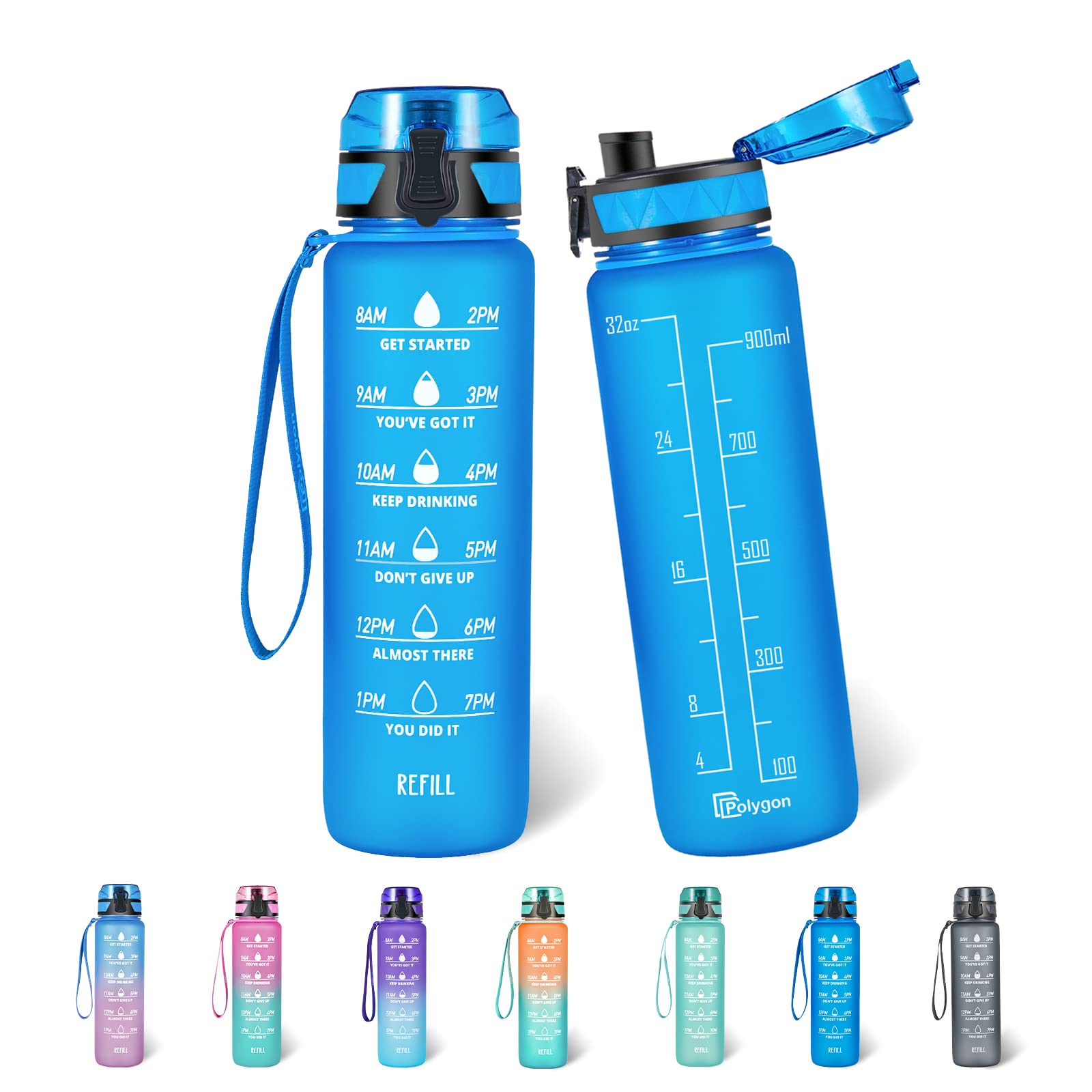 Polygon 32oz Motivational Water Bottle with Time Marker & Removable Strainer to Remind You Drink More Water, Fast Flow, Leakproof BPA Free Sport Water Bottle for Fitness and Outdoor