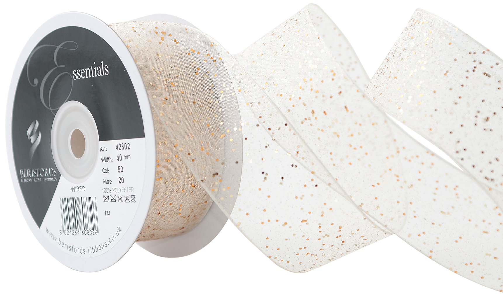 Berisfords 40 mm Random Glitter Wire Edge Ribbon, Cream