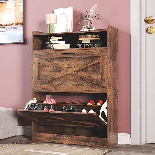 Miniatura 1 de Jartoil Armario de zapatos de gran tamaño, organizador de zapatos con 2 cajones abatibles y 2 cajones, moderno cubo inclinado para entrada, pasillo,