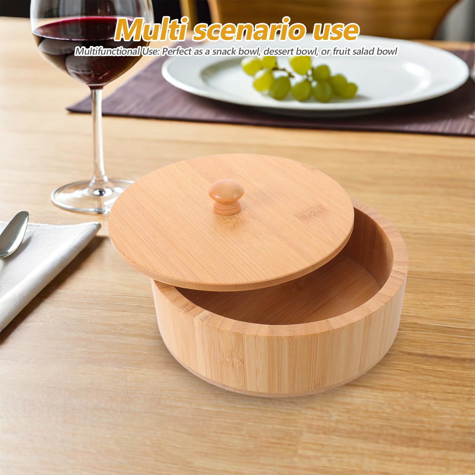 Bol de Ensalada Redondo de Bambú con Tapa, Fácil de Limpiar, Acabado Rústico y Superficie Lisa, Adecuado para Picnics al Aire Libre y Reuniones Animadas