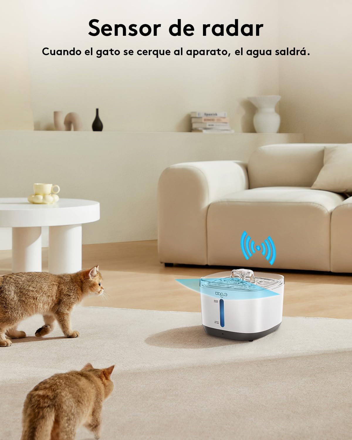 EUGAD Fuente para Gatos sin Cable con Sensor de Movimiento, 2.5L Fuente Agua Gatos, Ultrasilencioso Bebedero Gatos Automático Bateria 5000mAh Recargable, Dispensador de Agua Gatos 4 Filtración