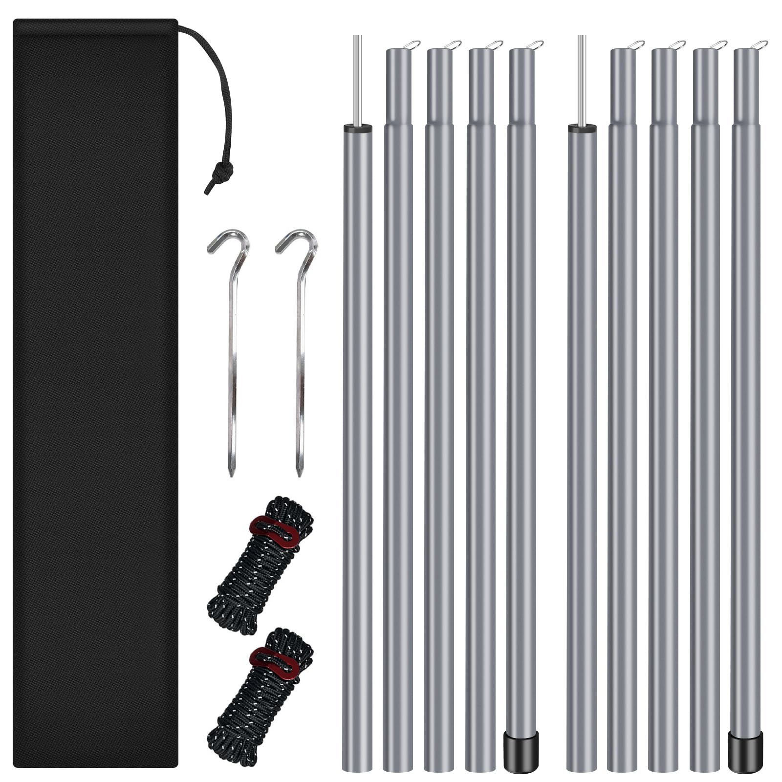 Zeltstange 2er Set, Teleskopstange mit Erdnägeln und Abspannseilen | Leichte Aufstellstangen für Zelte & Tarp, Verstellbar 80-190cm, Aluminium Sonnensegel Stange Camping Tarpstangen mit Tasche