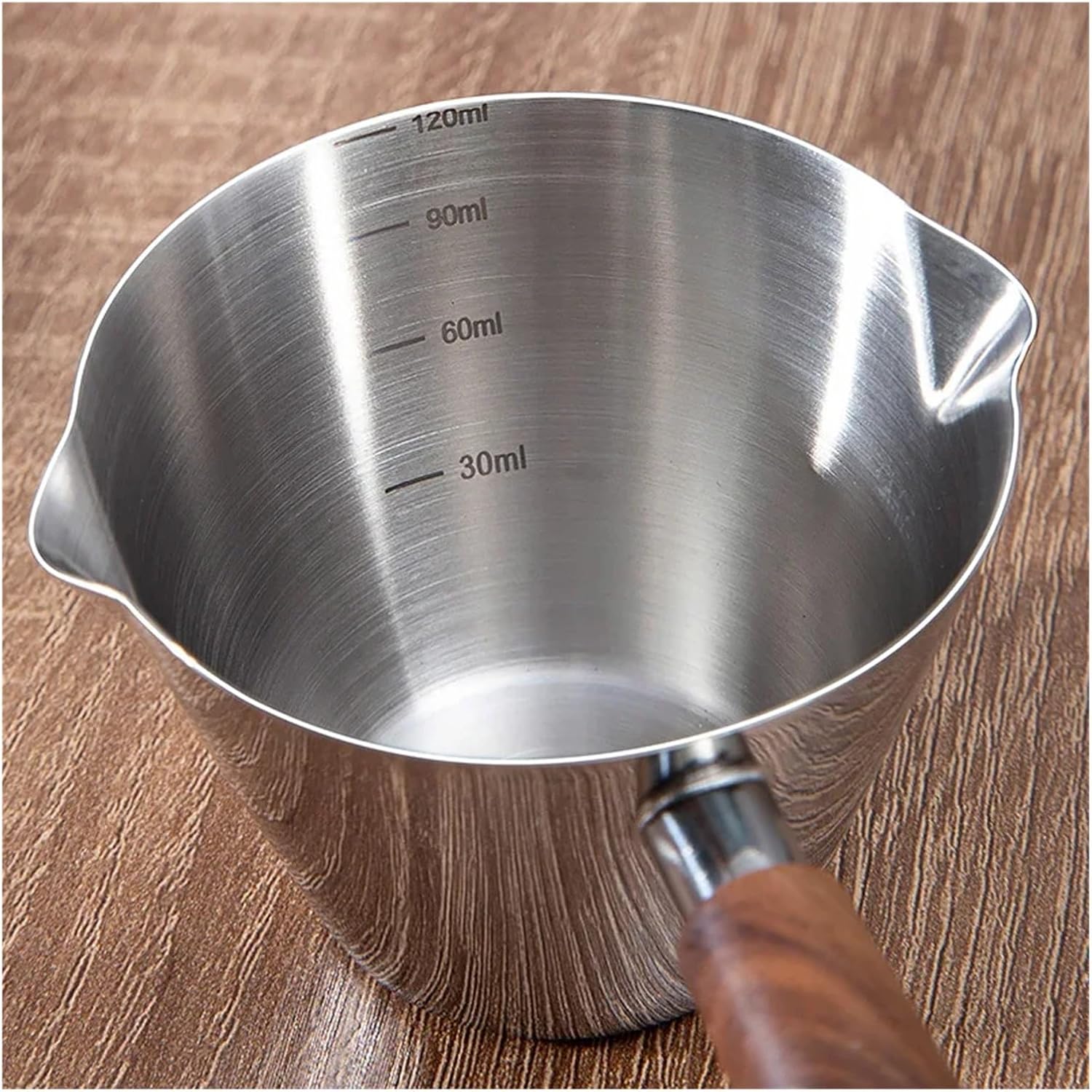 304 Stainless Steel Measuring Cup with Walnut Handle – Graduated Milk and Coffee Brewing Pitcher with Strap(Beige-A-200ML)