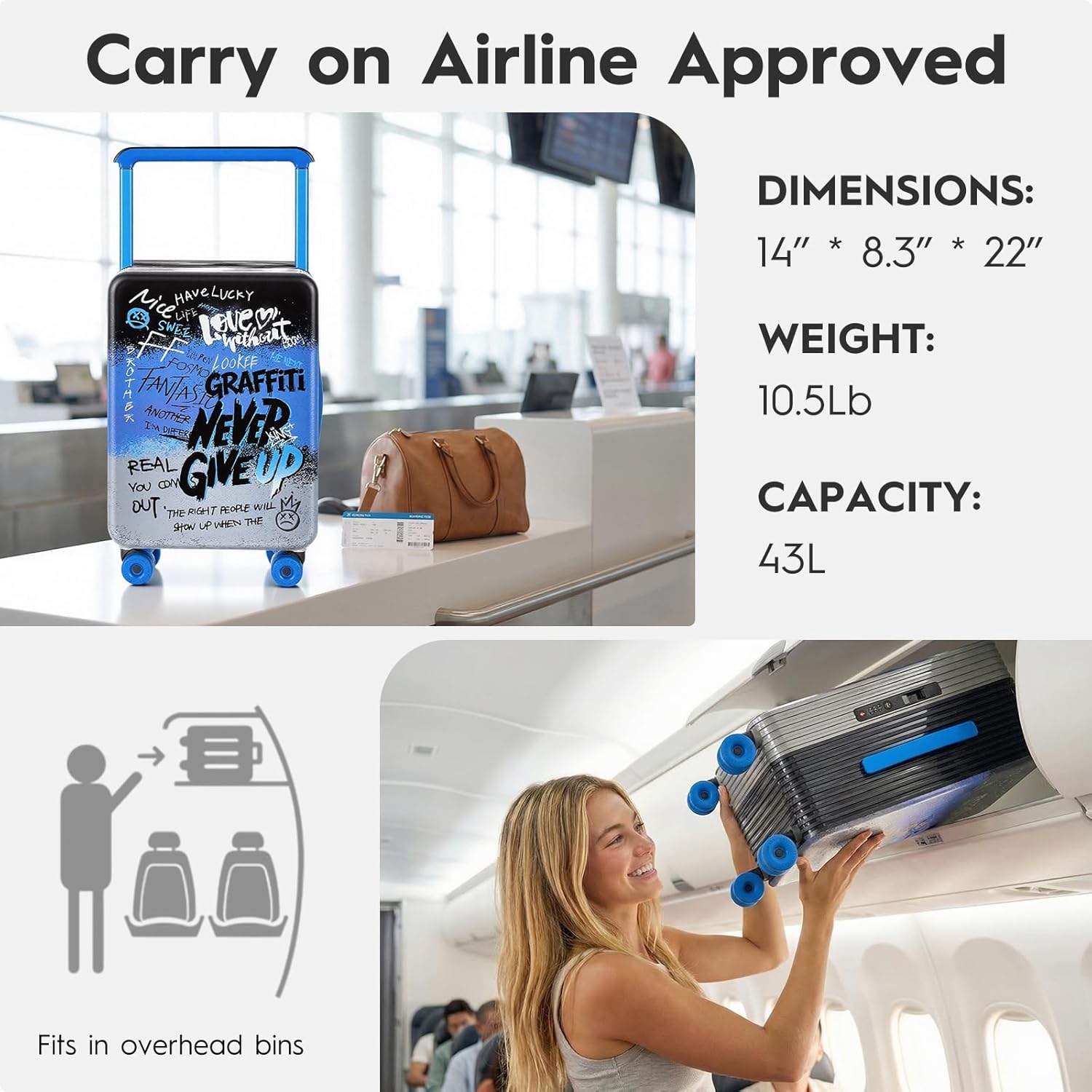 MYER Black-Blue Graffiti Print Wide Handle Carry on Zipperless Hard Side Luggage 22x14x9 Airline Approved with Changer 20 Inch Carryon Travel Suitcases with Spinner Wheels