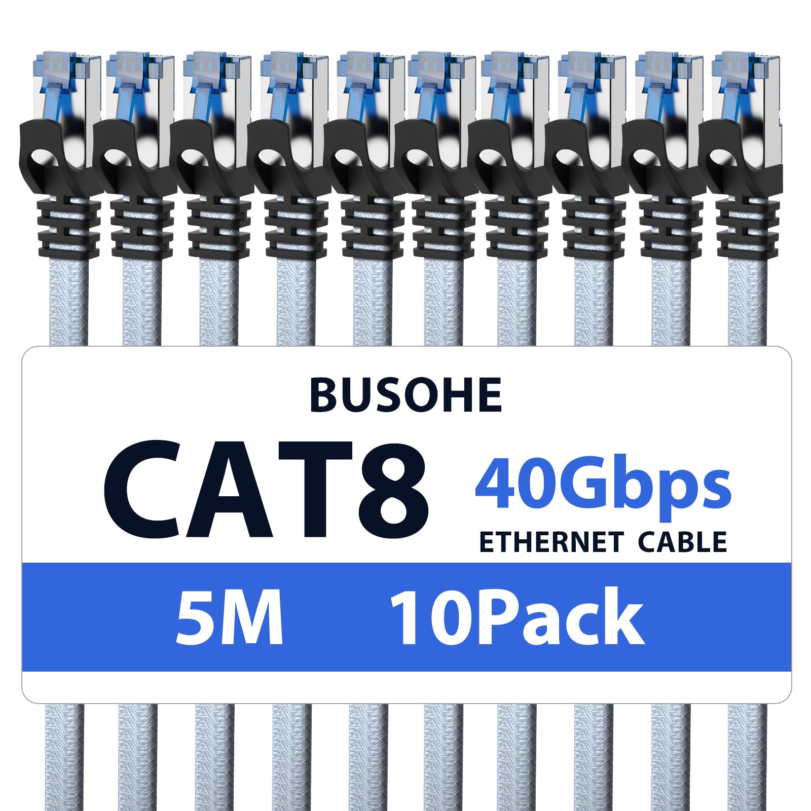 BUSOHE Cat 8 LAN Kabel 5m (10 Stück), 40Gbps Netzwerkkabel Ethernet Kabel | Flach Hochgeschwindigkeits Gigabit RJ45 Patchkabel, Geflochtener Internetkabel Kompatibel mit PC, Router, Modem
