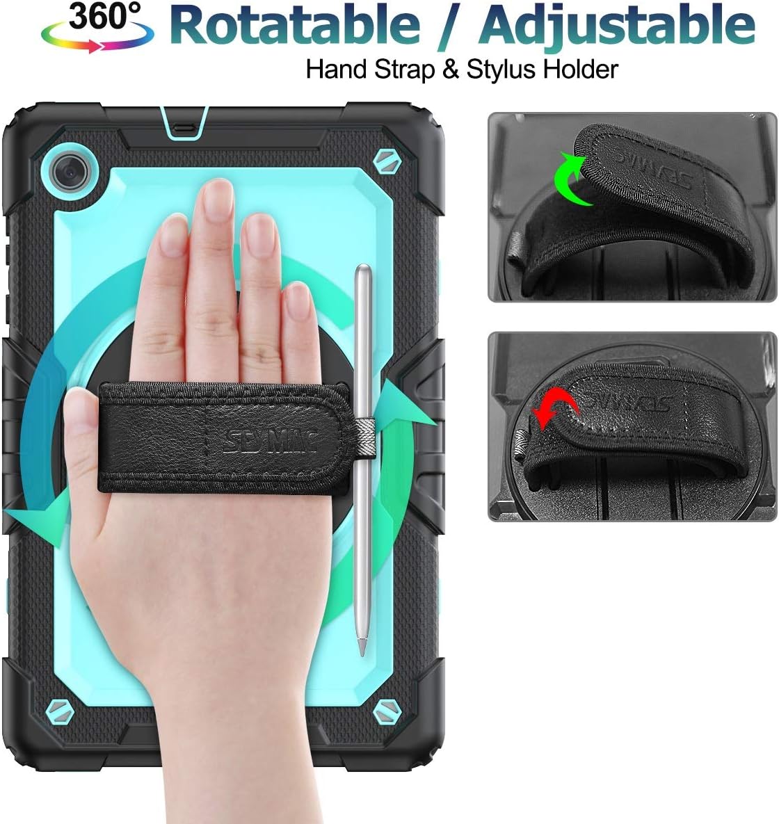 SEYMAC stock Lenovo Tab Case with Screen Protector, Drop-Proof Protection Case with 360° Rotating Stand &Strap [Pen Holder] for Lenovo Tab M10 Plus (TB-X606F) 10.3", Sky Blue+Black