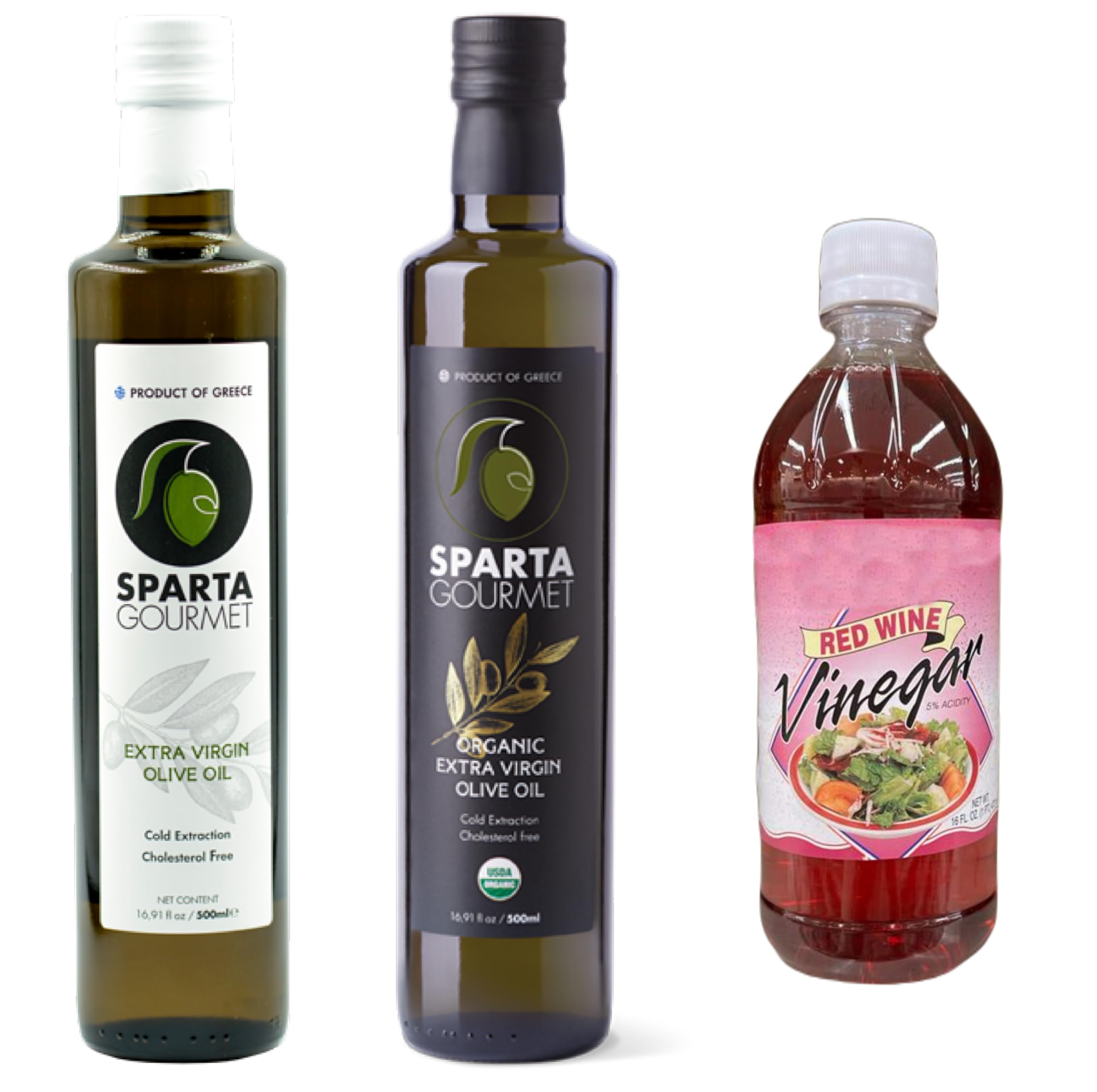 Sparta Gourmet Organic Extra Virgin Olive Oil, 16.9 fl oz & Sparta Gourmet Extra Virgin Olive Oil, 16.9 fl oz | Premium Quality, Rich flavor, Cholesterol Free + Market Basket Red Wine Vinegar, 16 fl oz