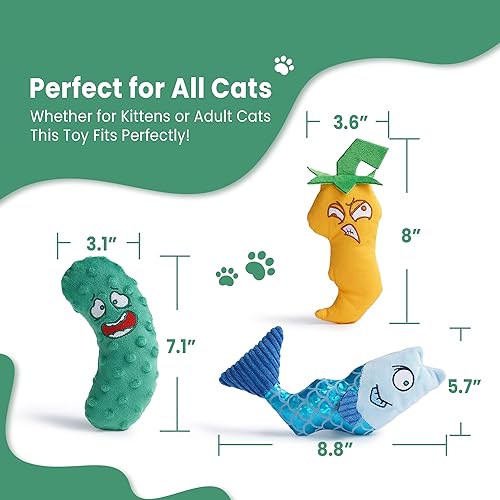 Miniatura 5 de Juego de 3 juguetes de hierba gatera  Pescado, chile y pepino, juguetes de peluche para gatos de interior, juguetes interactivos naturales rellenos